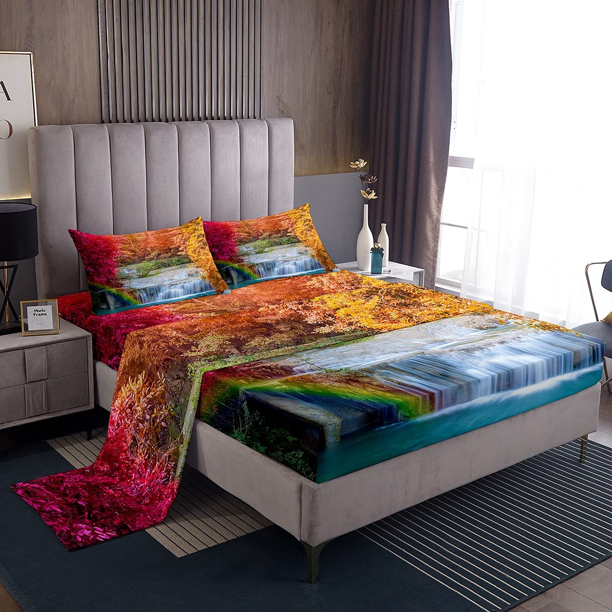 Tree Bedding Set for Girls Boys Children Nature Landscape Bed Sheets Waterfall Bed Sheet Set Bed Set Orange Leaves Single Size 3Pcs