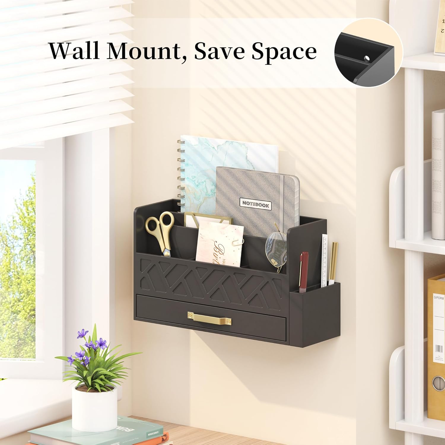 Wisuse Desk Mail Organizer with Drawer - Bamboo Wooden File Bill Sorter Storage Box for Desktop, Letter Countertop Holder for Home Office School Organization Tabletop Accessories Supplies (Black)