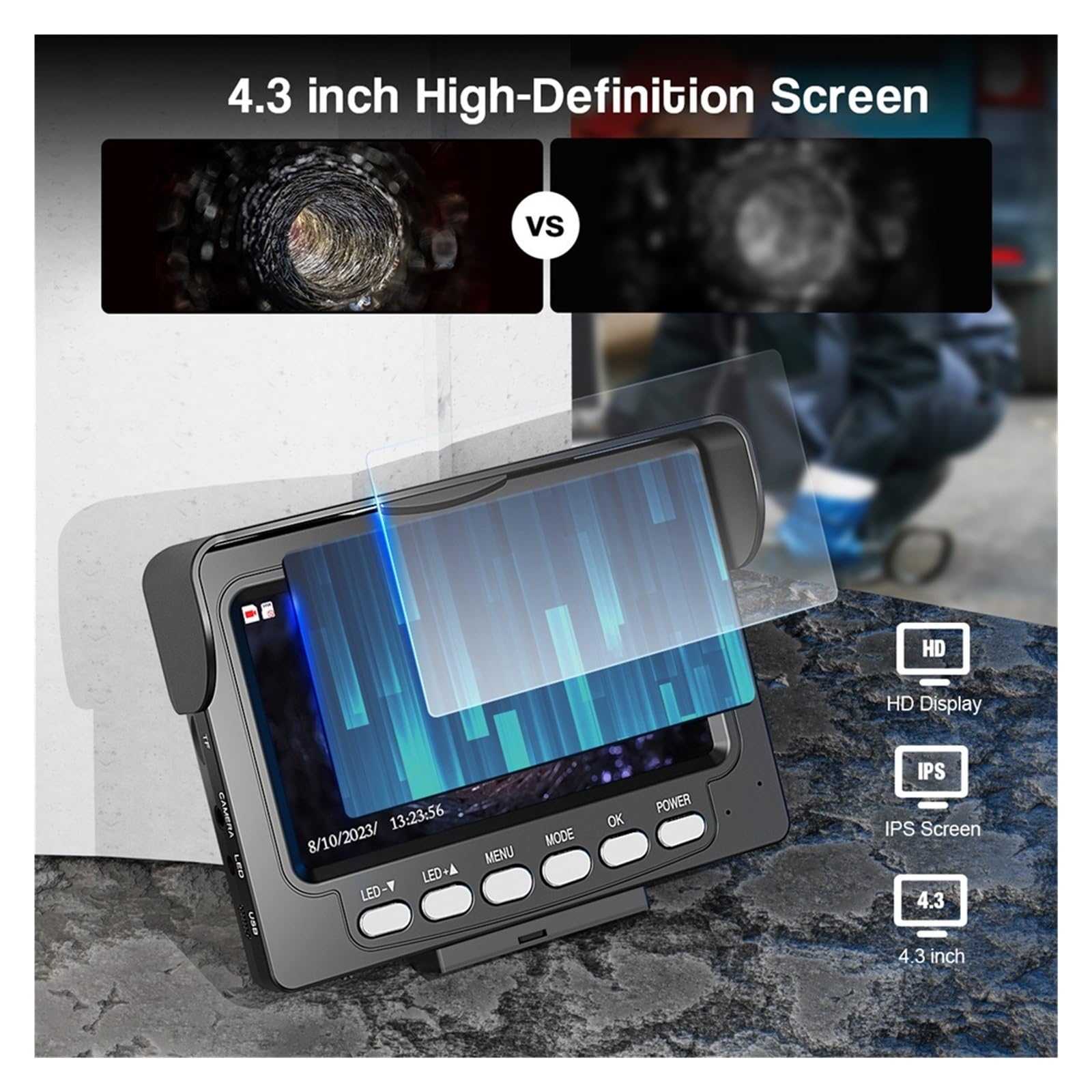 Cámara De Inspección Tuberías Alcantarillado DVR IP68 Endoscopio Industrial Drenaje A Prueba Agua con Monitor 4,3 Pulgadas 17 Mm/22 Mm Resistente Al Agua Y Al Desgaste(20m,17MM with DVR)