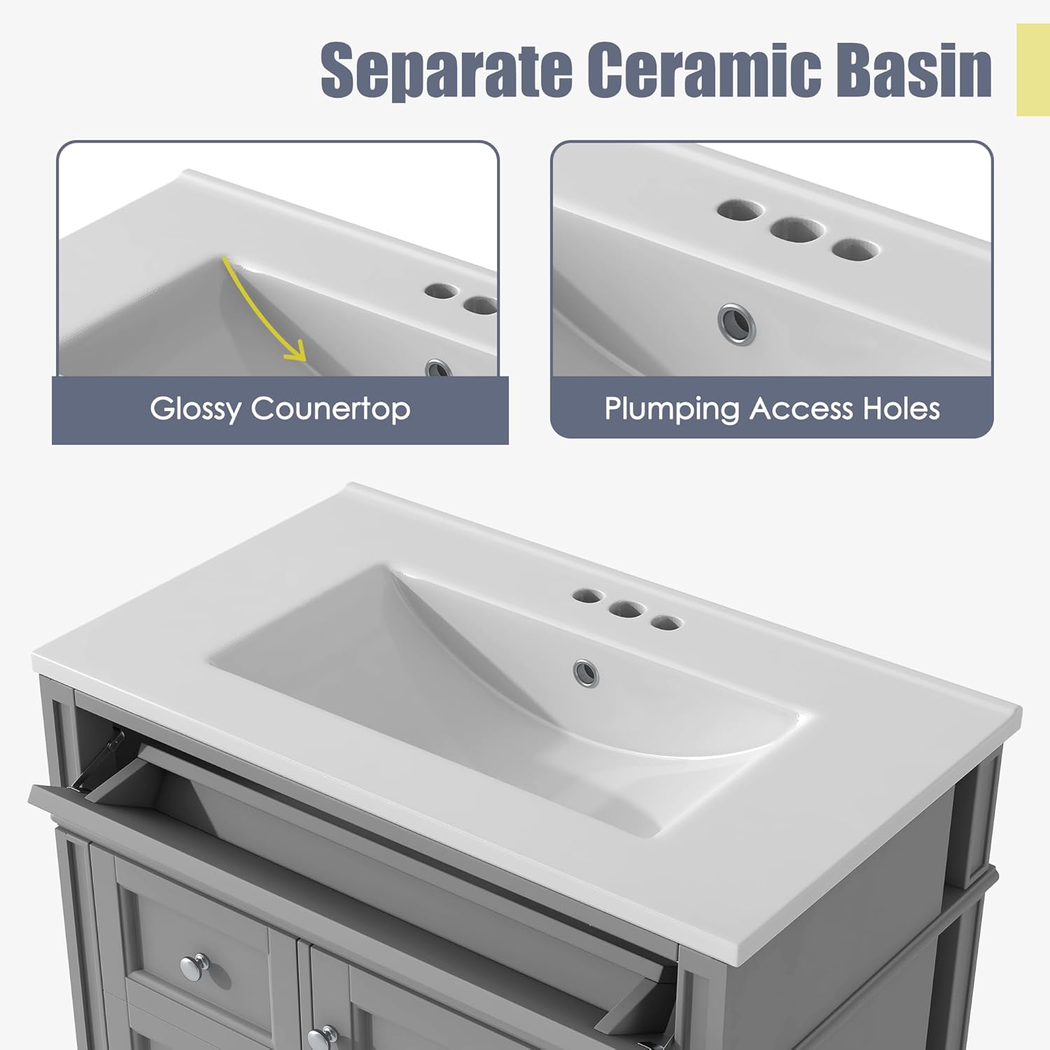 Merax 30 Inch Bathroom Vanity with Ceramic Sink, Solid Wood Frame Modern Bathroom Sink Storage Cabinet with 2 Drawers and a Tip-Out Drawer, Single Sink Bathroom Vanities, Grey