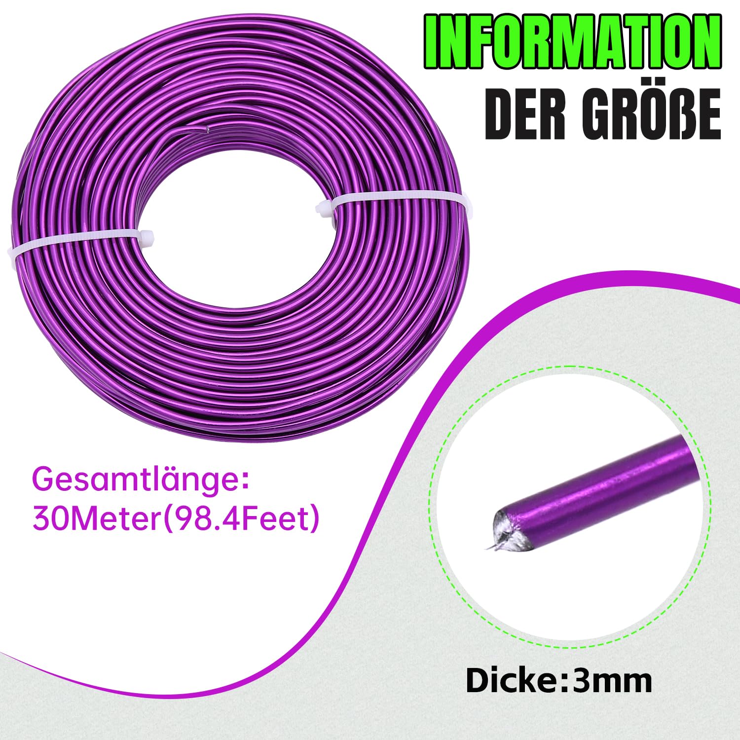 Filo metallico per gioielli, filo di alluminio 3mm - Per lavori manuali, creazione di gioielli, fai da te e artigianato in metallo (Viola, 30 metri)