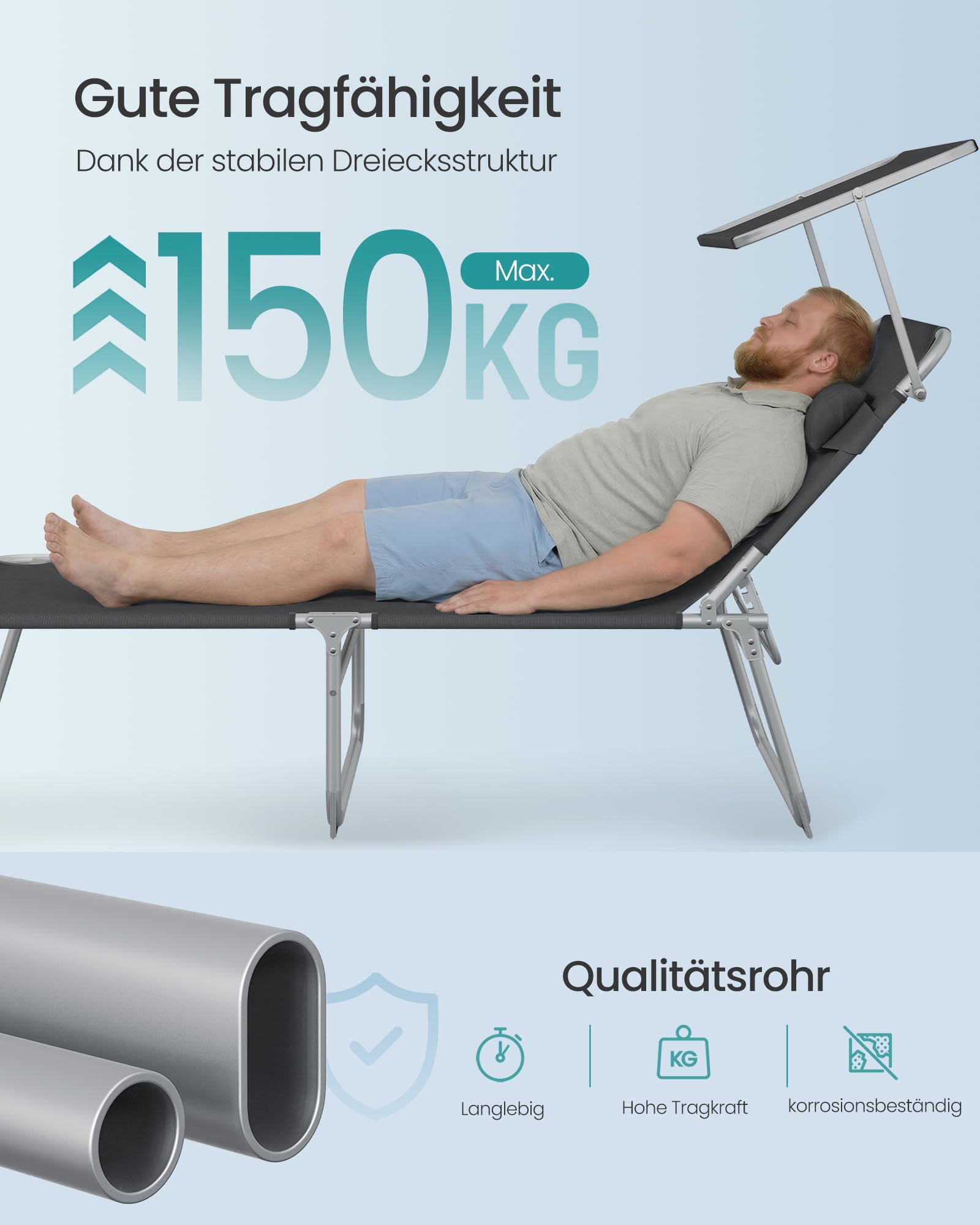 SONGMICS Große Sonnenliege, klappbarer Liegestuhl, 71 x 200 x 38 cm, Belastbarkeit 150 kg, mit Sonnenschutz, Kopfstütze und Verstellbarer Rückenlehne, für Garten Pool Terrasse, anthrazit GCB22GYV2