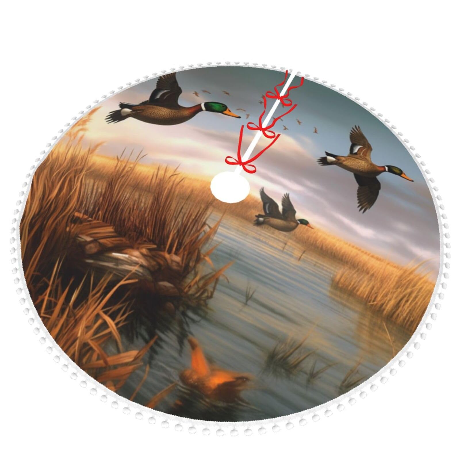 Jagd fliegende Wilde Enten 6 bedruckte Weihnachtsbaumdecke mit Pompon, 122,9 cm Weihnachtsbaumröcke, Dekoration für Zuhause, Garten, Büro, Urlaub, Party