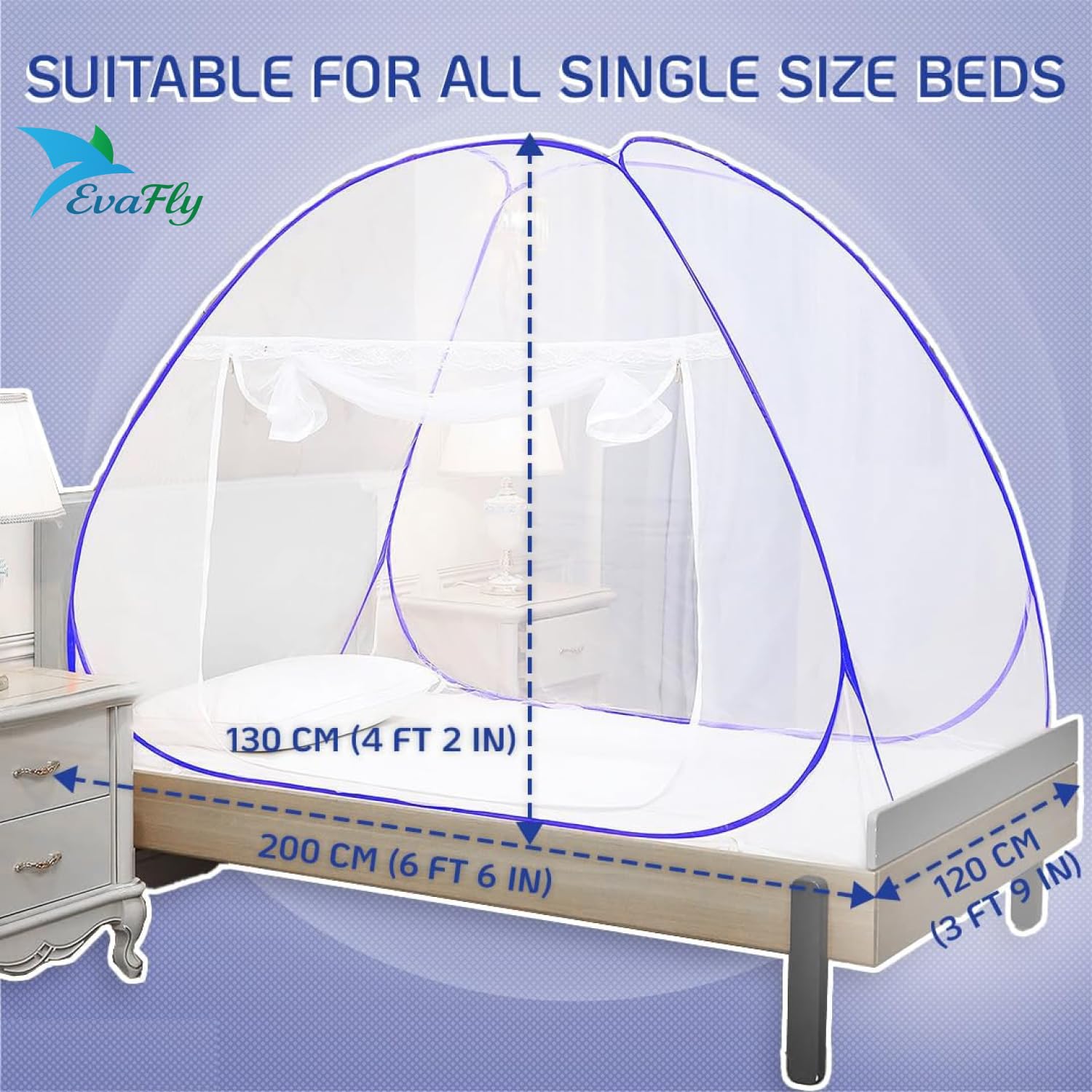 Evafly Mosquito Net for Single Bed | Premium Polyester Mesh | Foldable Pop Up Bed Net | Fine Mesh Protection from Mosquitoes & Insects | Easy Setup, Washable | Purple