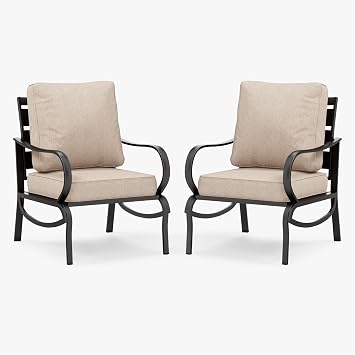 PHI VILLA Steel Patio Chair Set of 2 with 5.75" Thick Cushion, Beige