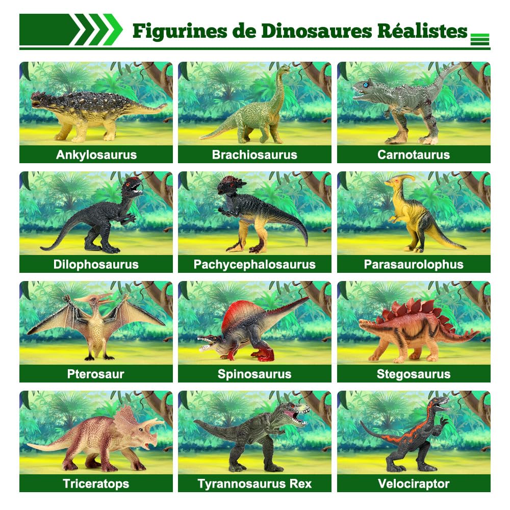 FRUSE Dinosaure Jouet,12 Pcs Grandes Réaliste Figurine Dinosaure avec T-Rex,Seau de Stockage,Livre Dinausaures,Dinosaure Cadeaux pour Enfants Garçons et Filles 3 4 5 6 7 Ans