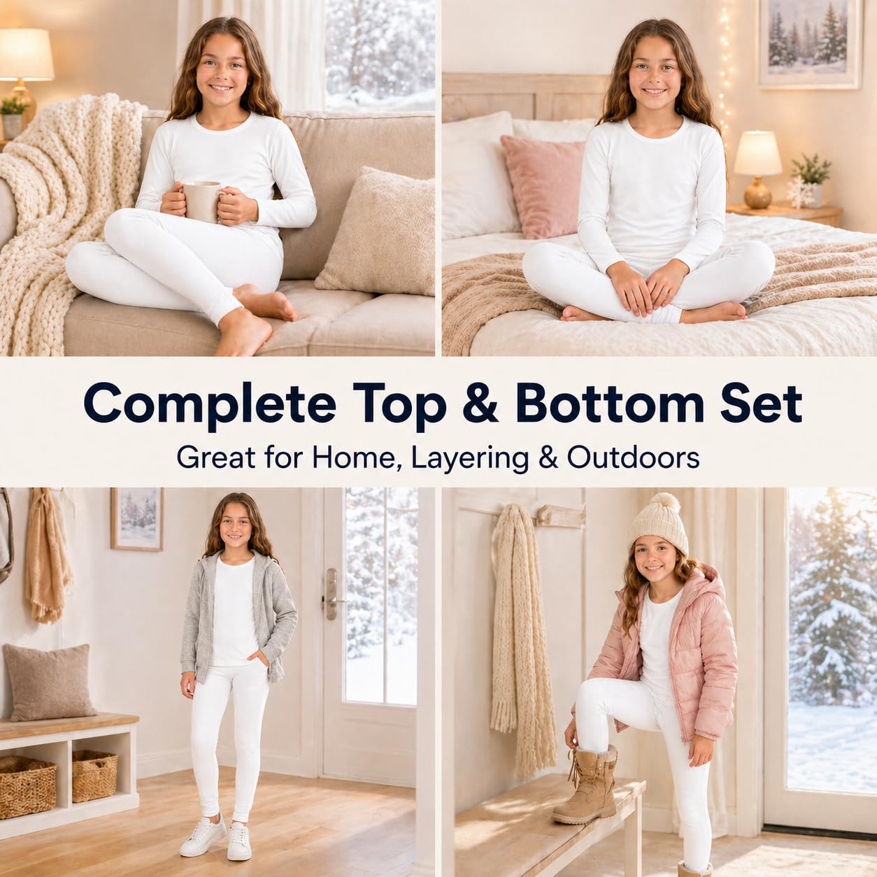 Ensemble de sous-vêtements thermiques pour fille avec doublure en polaire - Couche de base haut et bas - Caleçon long chaud pour l'hiver, le ski et le quotidien
