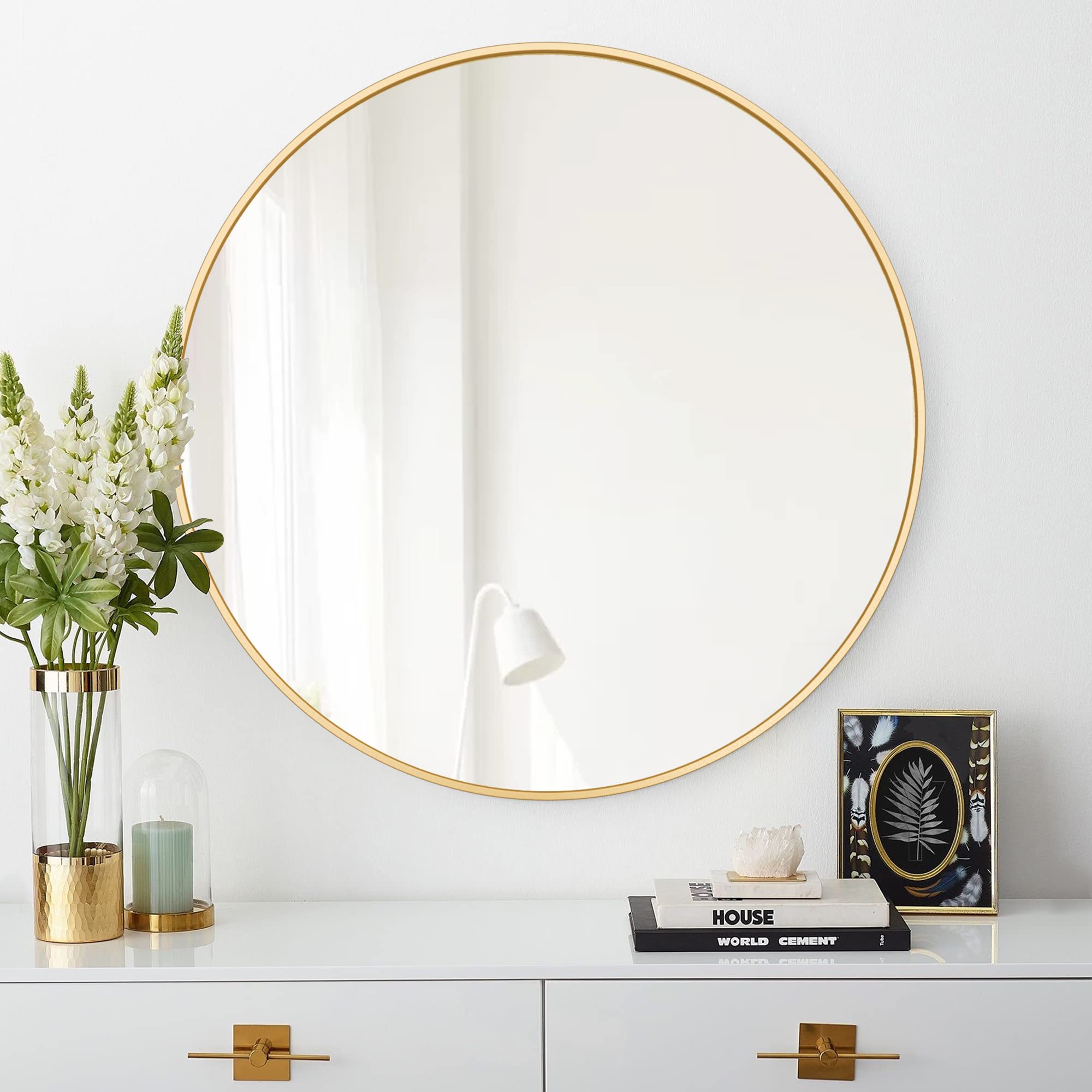 Heymirro Round Mirror 24 Inch Bathroom Mirrors with Gold Aluminum Alloy Matte Framed, Circle Mirrors for Wall,Bedroom, Vanity, Entryway Hall, Living Room
