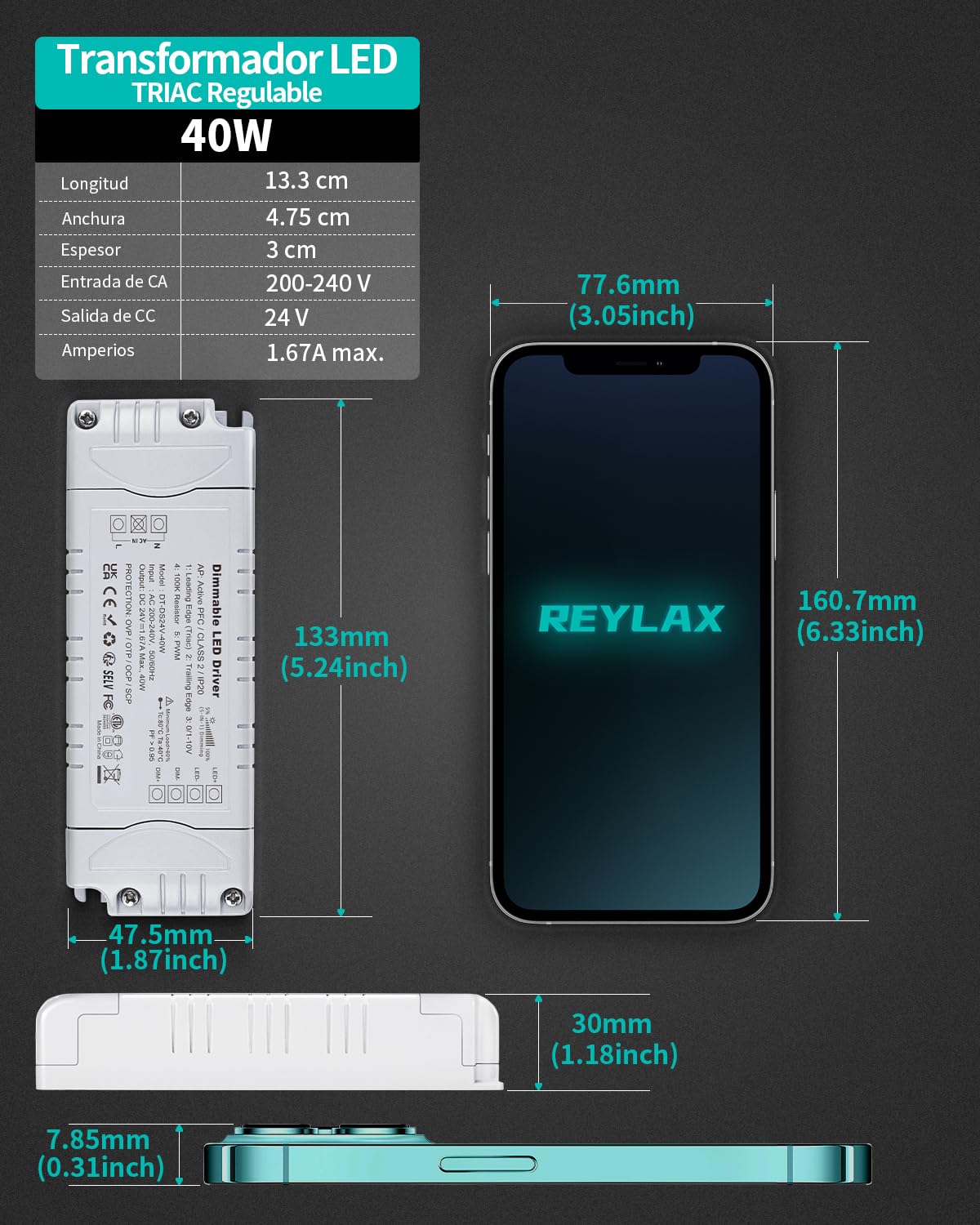 REYLAX Transformador de 220V a 24V 40W 1.67A Regulable Triac y 0/1-10V, Transformador LED Dimmable de Voltaje Constante, Fuente de Alimentación de Bajo Voltaje, Controlador para Tira LED