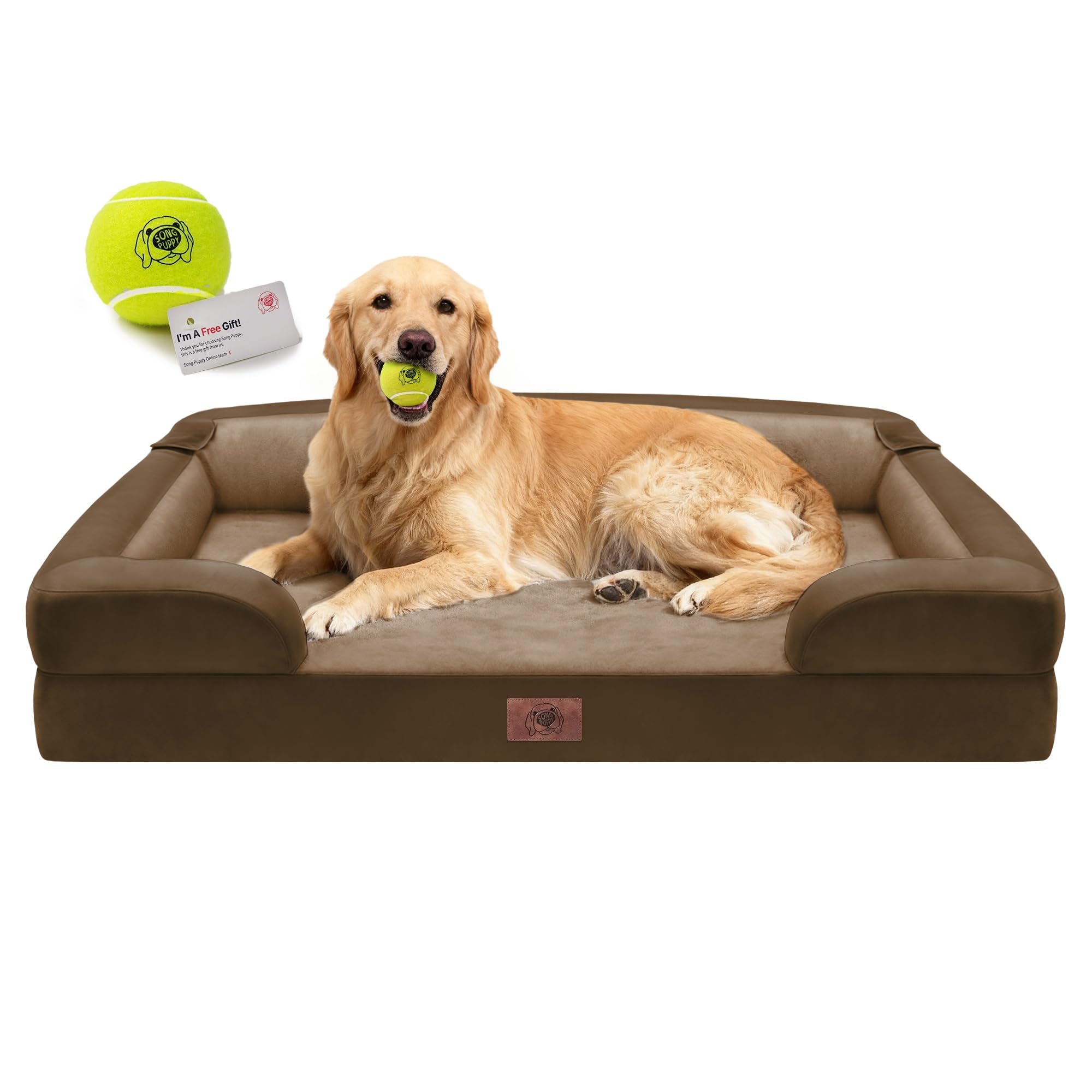 Extra Large Dog Bed, Orthopedic XL Washable Bed for Big Dog Waterproof Pet Couch Sofa Bolster with Removable Cover, Non-Slip Bottom, Tennis Ball Toy, 42x30