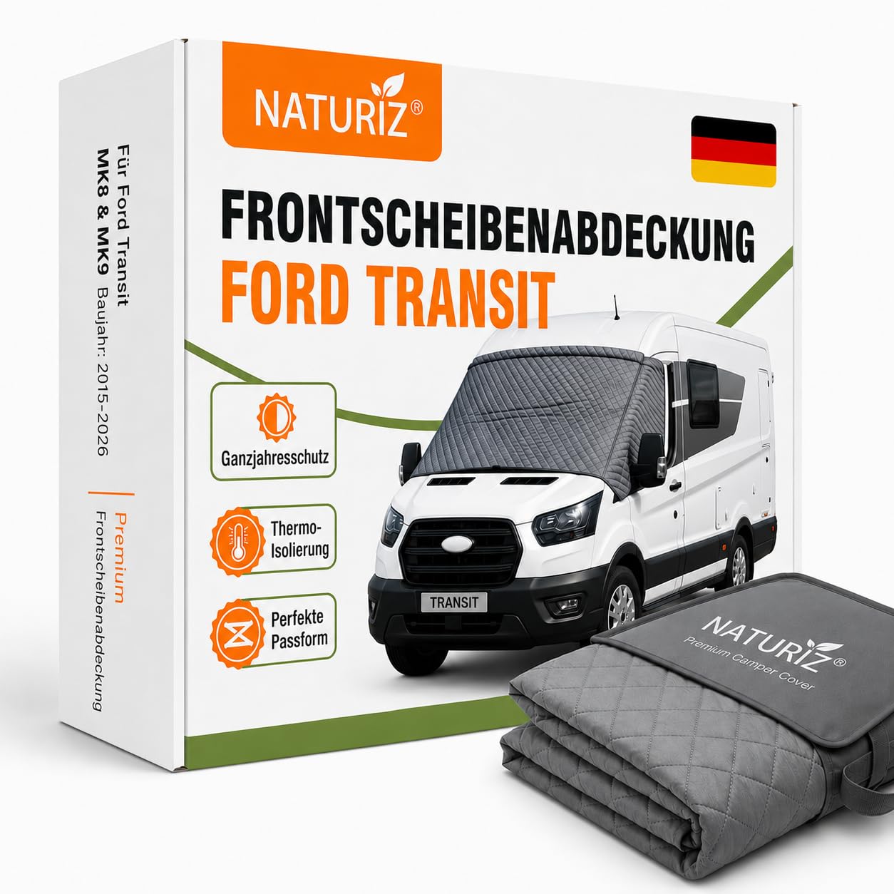 NATURIZ® Frontscheibenabdeckung Ford Transit – Premium Scheibenabdeckung - Thermomatte außen +Sonnenschutz für Wohnmobile – Winterabdeckung Wohnmobil und Kastenwagen, 2015-2026, MK8 & MK9