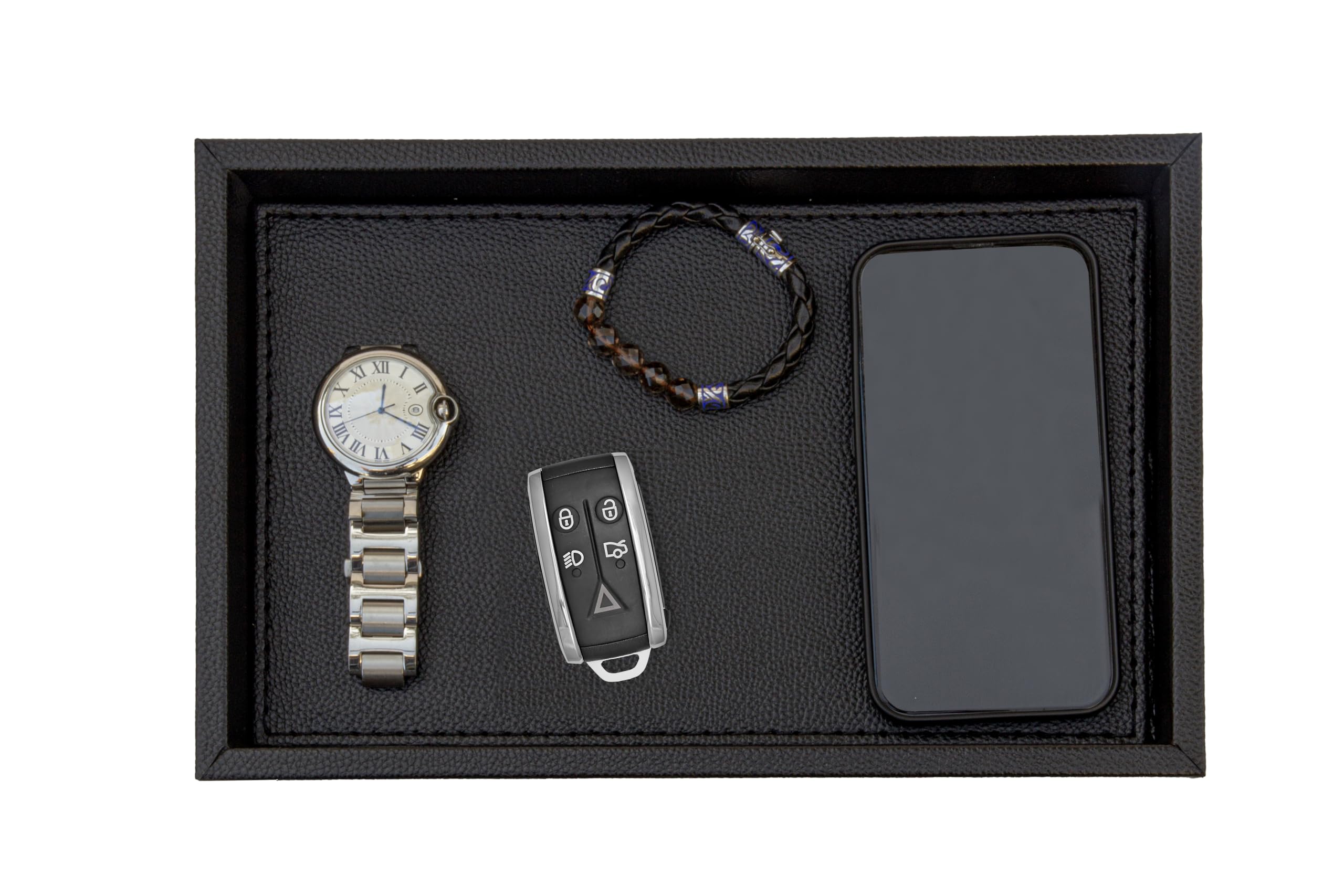 MOENA Bandeja de piel sintética, elegante organizador de joyas para llaves, organizador de escritorio, bandeja de servir, accesorios de yate (negro mate, pequeño)