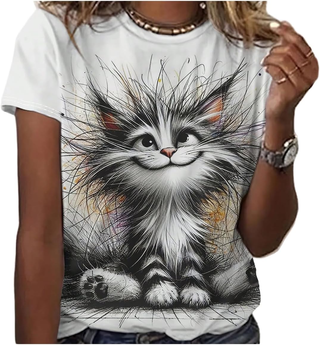 SweatyRocks Women's Cat Graphic Tees Summer Short Sleeve T Shirt Casual Round Neck Cute Tops - Image 2