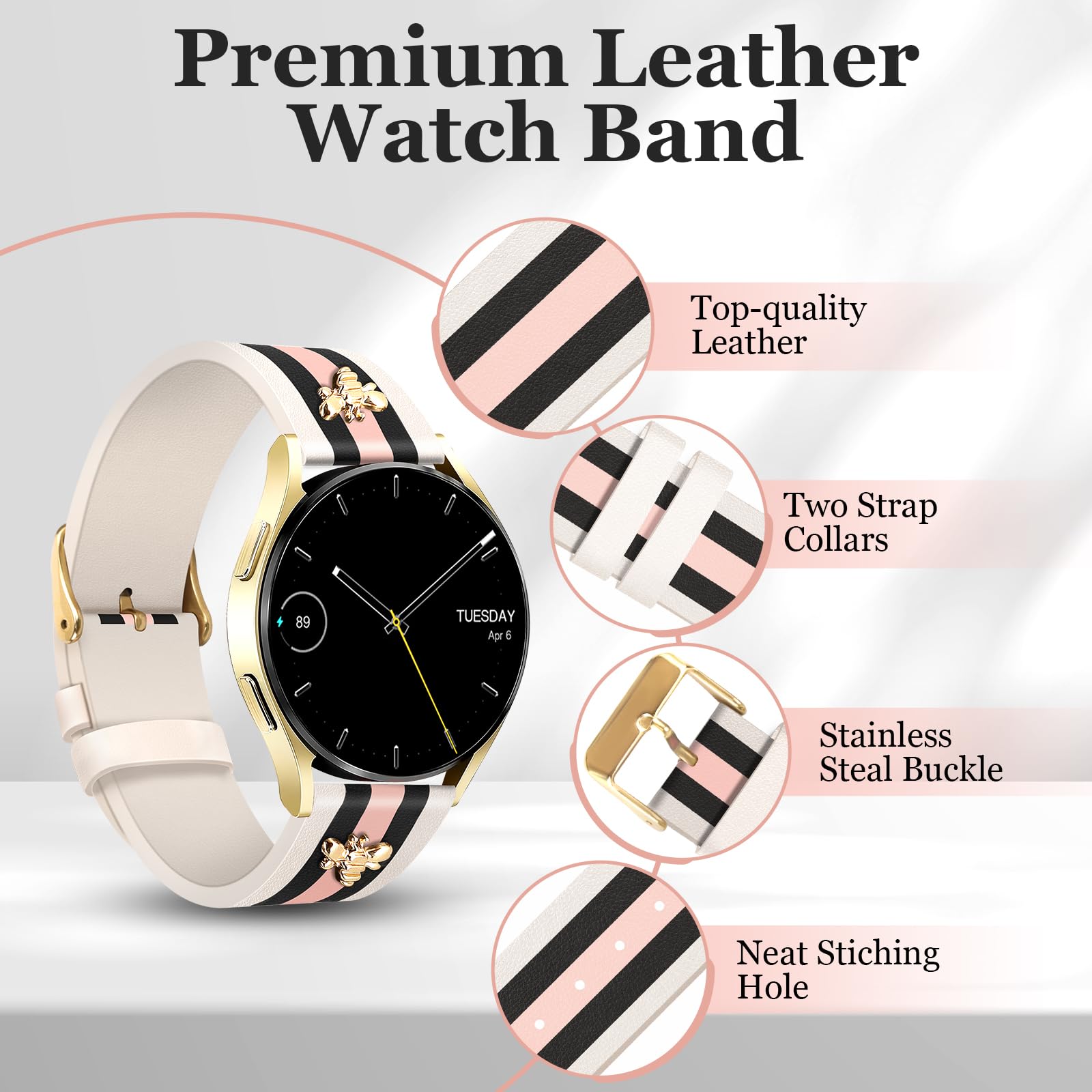 MOINSPIRE Designer-Lederarmbänder mit Charms, kompatibel mit Samsung Galaxy Watch 7/6/5/4/Active 2 40 mm, 44 mm/Watch 6 Classic 43 mm, 47 mm/Watch 5 Pro 45 mm/Watch 4 Classic 42 mm, 46 mm, 20 mm