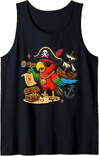 Pirate Parrot Captain – Red-Green Cartoon Buccaneer Tank Top