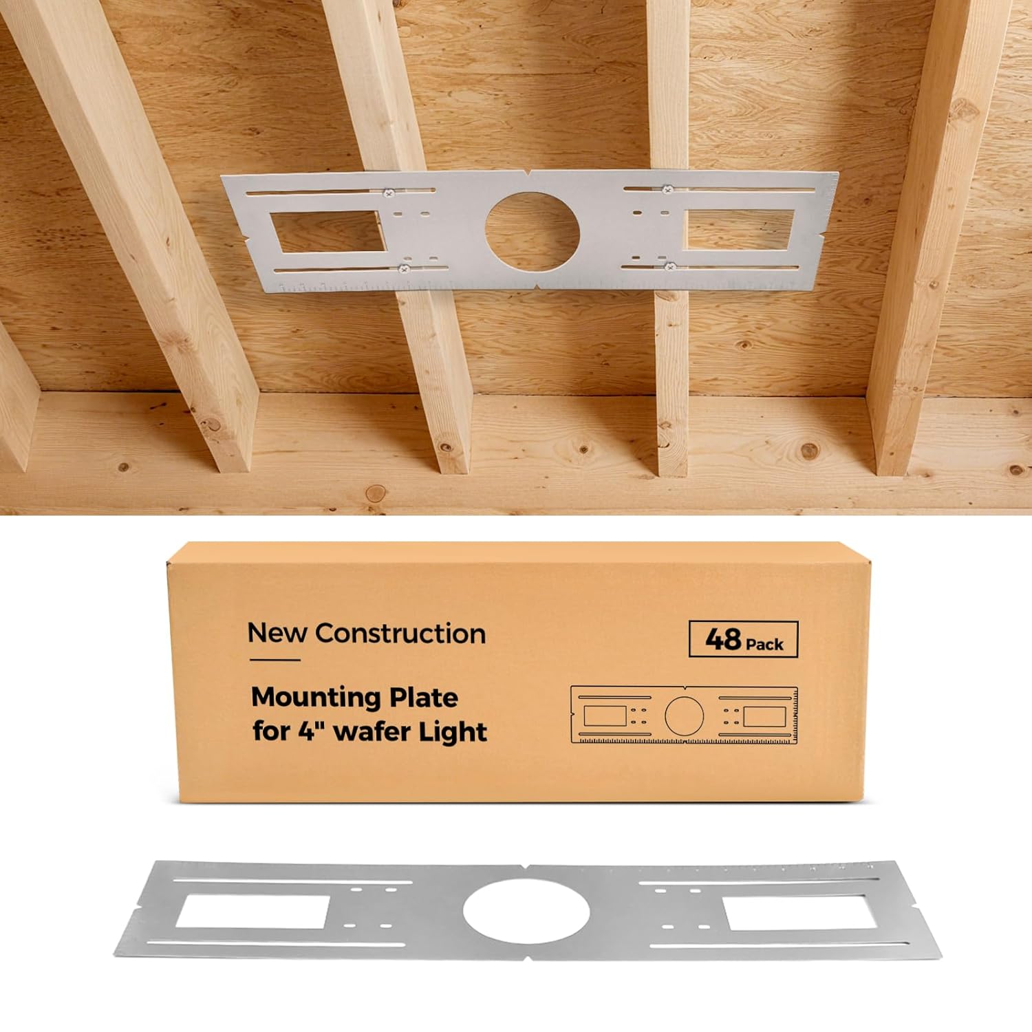 48-Pack New Construction Mounting Plate for 4 Inch LED Recessed Lighting, Rough-in Wafer Light Bracket, 26 Inch Length, Round Hole, Galvanized Metal Sheet