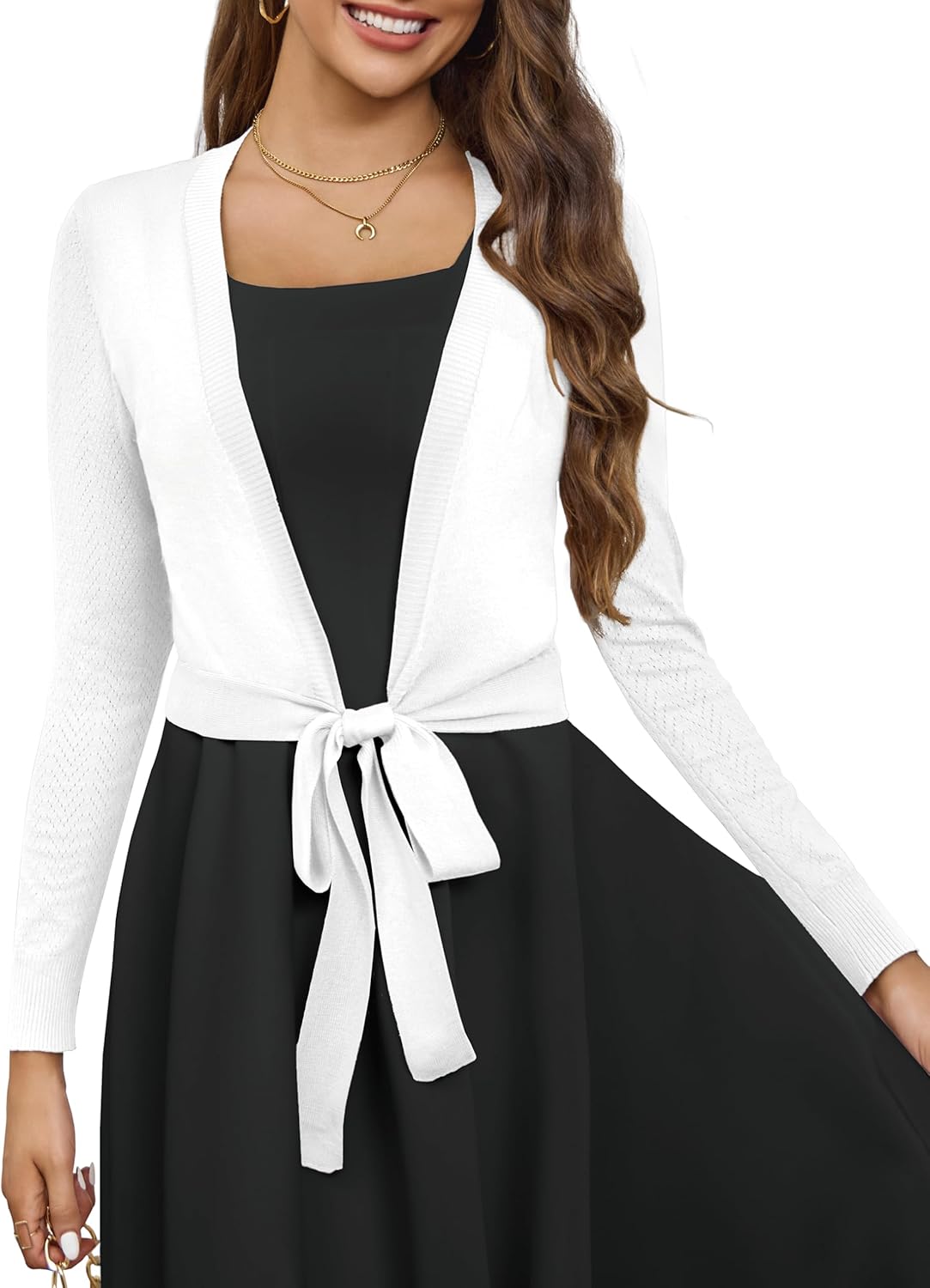 VOIANLIMO Women's Cardigan Knit Sweaters Long Sleeve Cropped Tie Front Bolero Shrug for Dresses S-XL