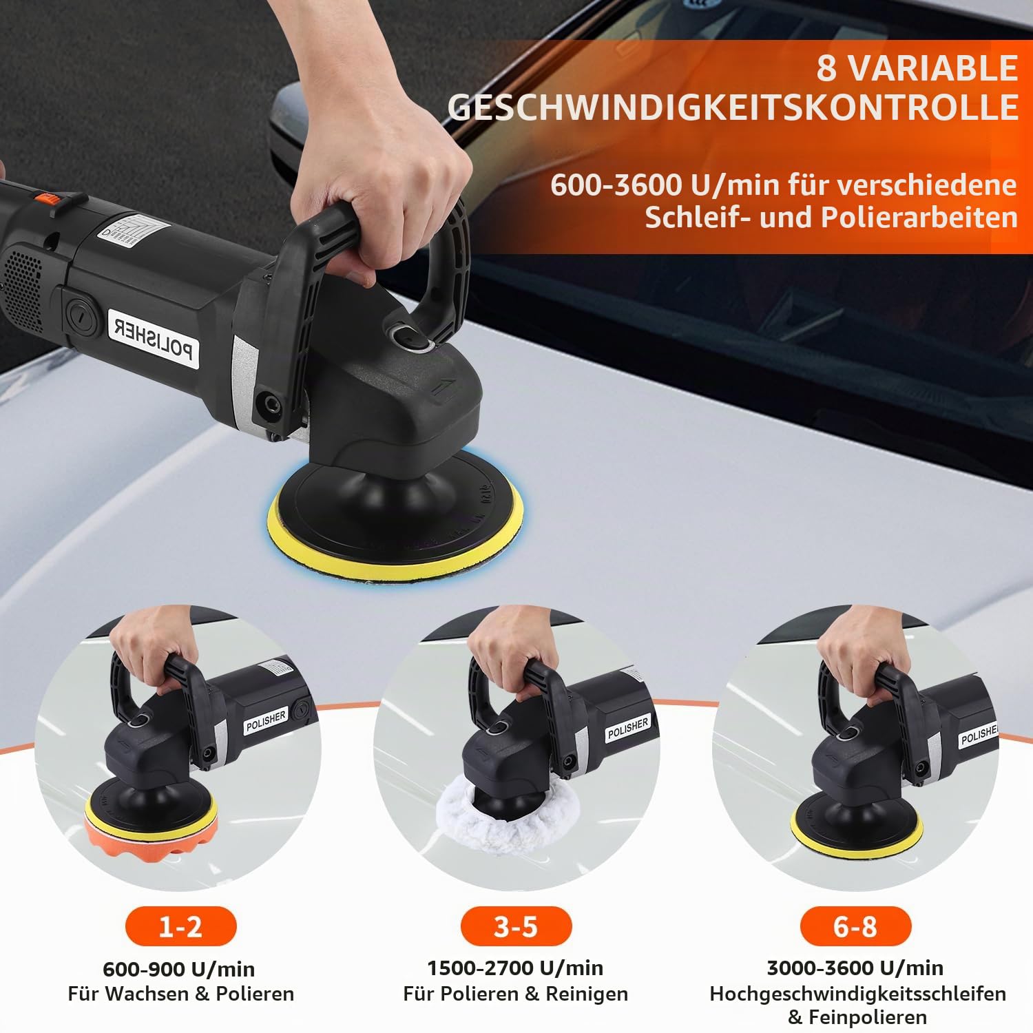 Poliermaschine, 1600W Professionell Auto Poliermaschine Set, 8 Variable Geschwindigkeit, Set 24 pcs mit 180mm Polierteller, Abnehmbarer D Griff und Seitengriff, zum Wachsen und Polieren von Autos