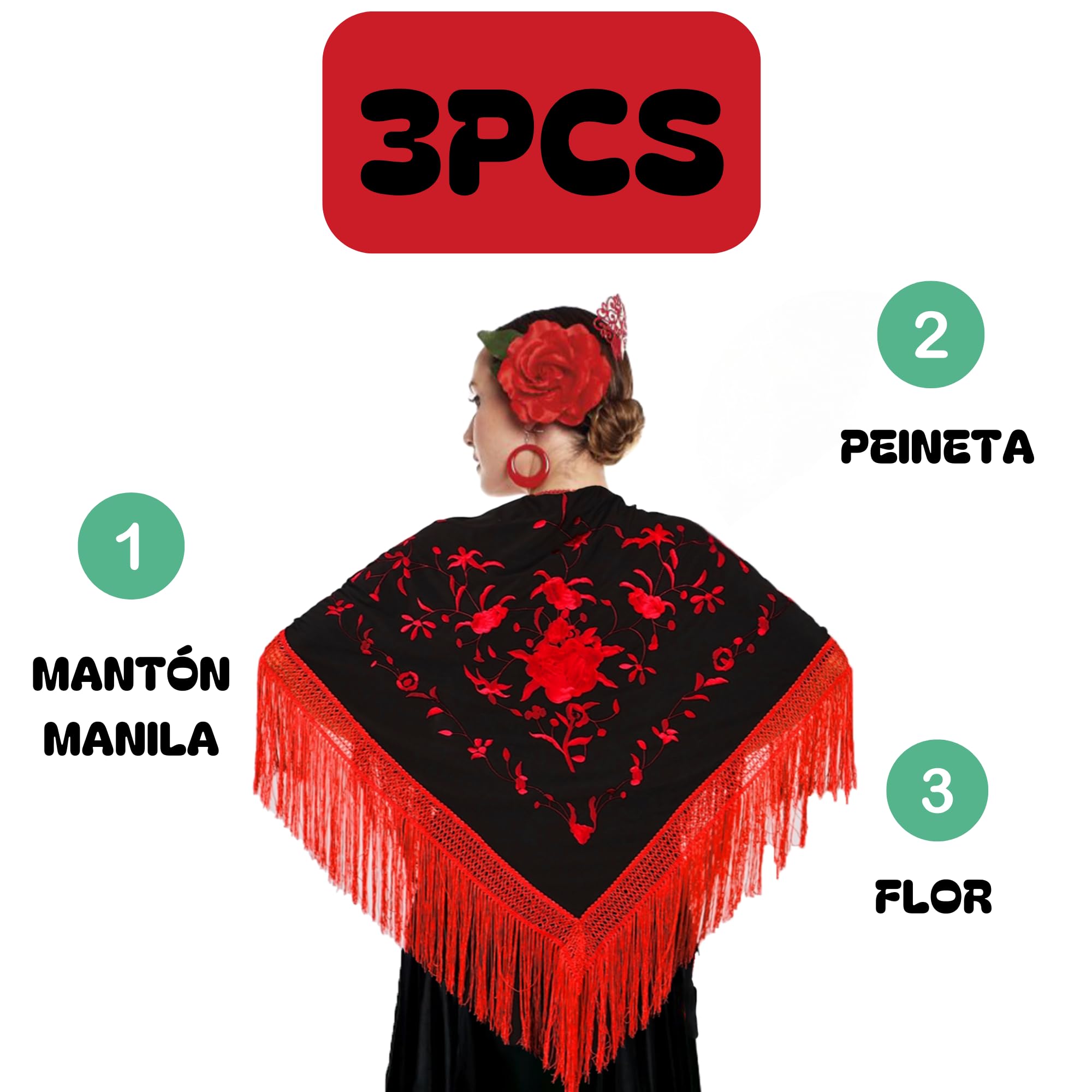 Genérico Châle de Manille pour femme Flamenca, châle brodé + rose flamant rose pour les cheveux + peigne flamant rose + accessoires Foire d'avril