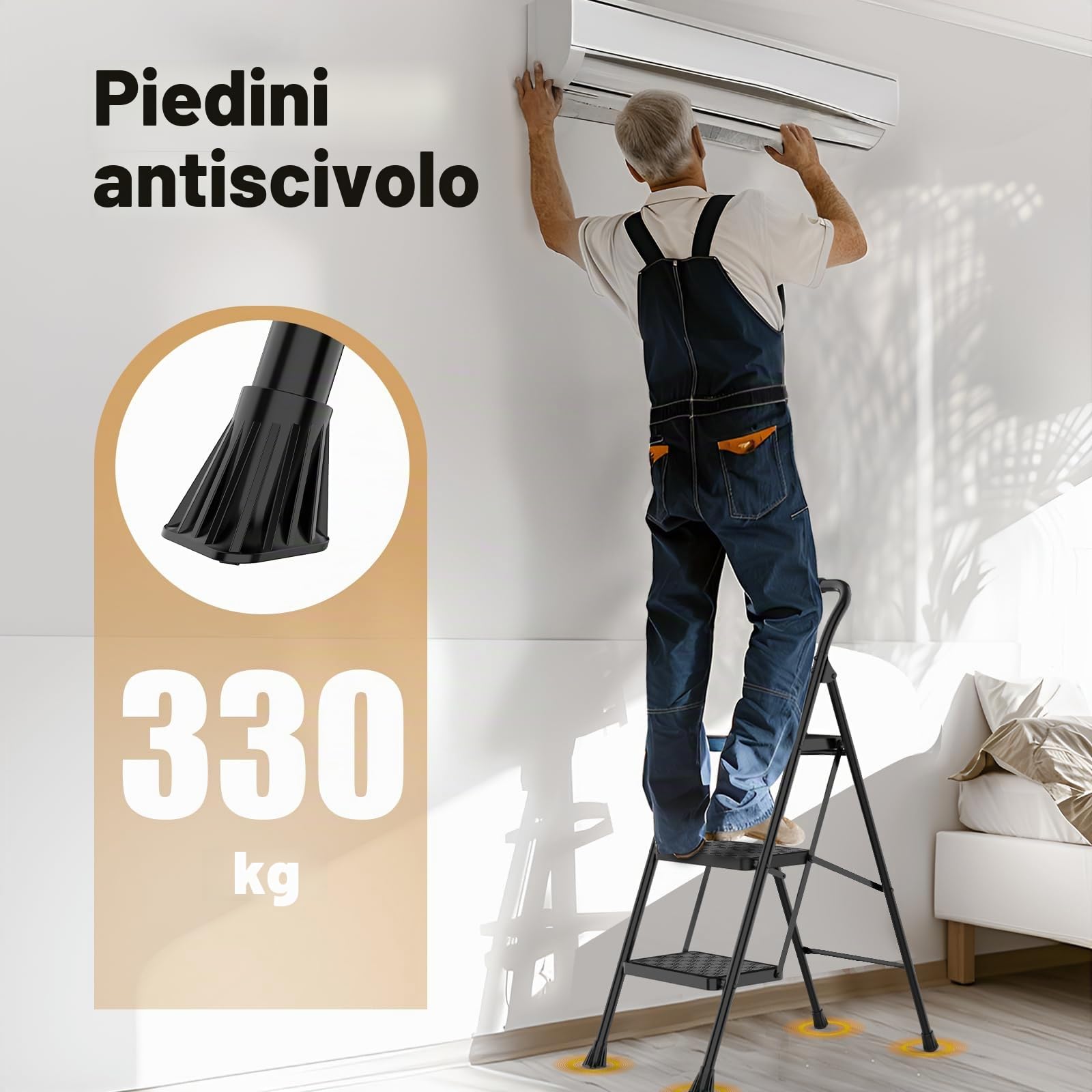 HBTower Scala 3 Gradini Pieghevole, Pedane Antiscivolo con Design a Mosaico, Corrimano Imbottito, Leggera e Salvaspazio, Portata 150KG