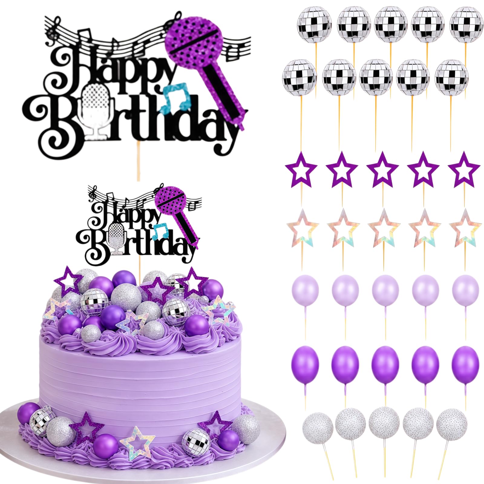 36Pcs Disco Balls Cake Decorations Purple Singer Glitter Ball Star-shaped Cake Toppers Happy Birthday Musical Note Cakes Topper for Birthday Wedding Party Supplies Decoration
