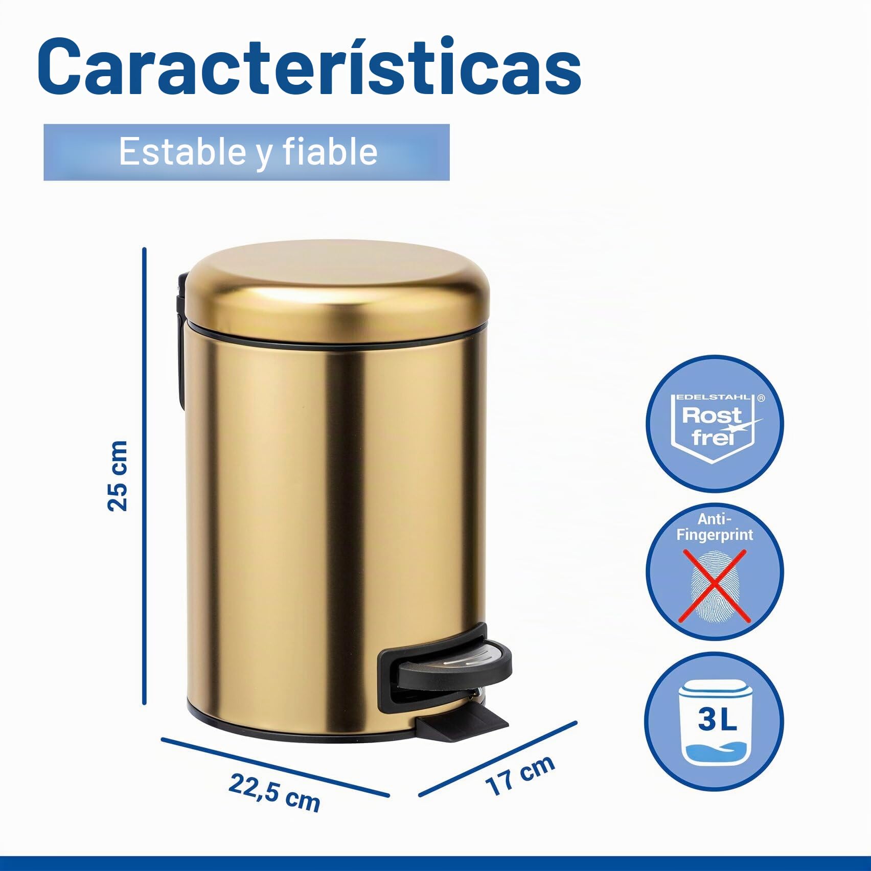 WENKO Cubo de pedal Leman oro mate 3 l - Cubo de cosmética, cubo de basura con recubrimiento anti-huellas dactilares Capacidad: 3 l, Acero inoxidable, 17 x 25 x 22.5 cm, Oro