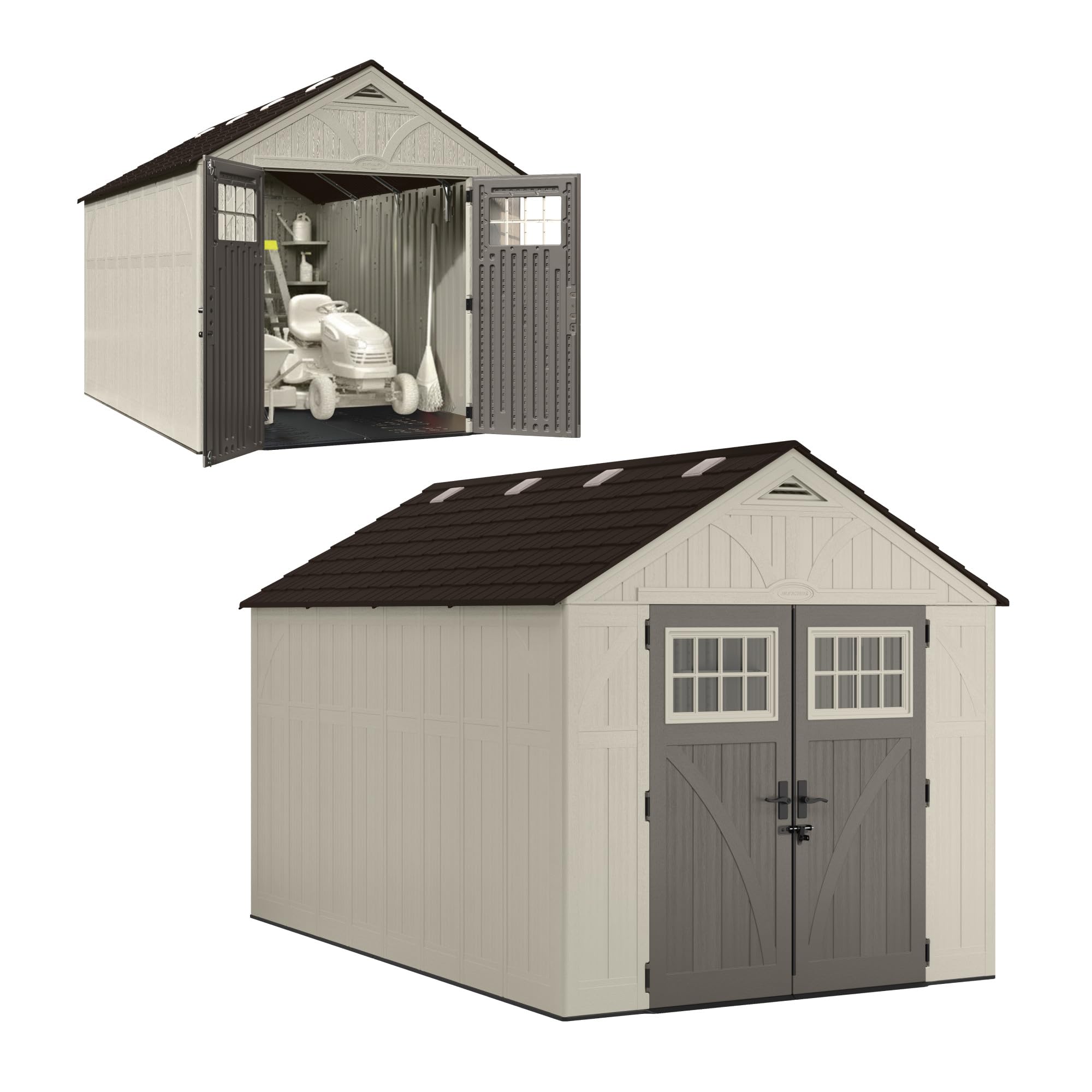 Suncast 8x10 Ft. Outdoor Storage Shed - Large Resin Outdoor Shed with Floor Included, Lockable Double Doors & Skylights. 547 Cu Ft Tremont Garden Plastic Sheds for Lawn Tools, Riding Mowers, & Bikes