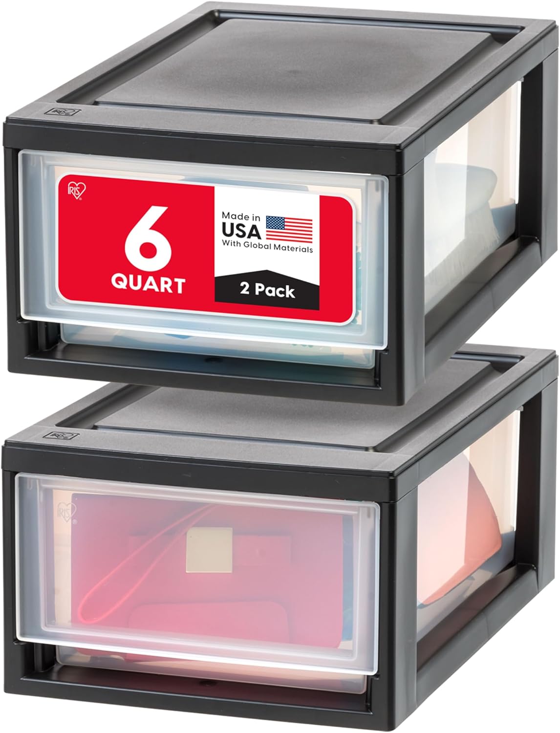 IRIS USA 6 Qt. Plastic Drawer Storage Organizer Stacking Drawers, 2-Pack, Stackable Unit with Sliding Drawer for Bedroom Kitchen Under Sink Pantry Craft Room Bathroom Dorm Office, Black 2 Pack 6 Qt.