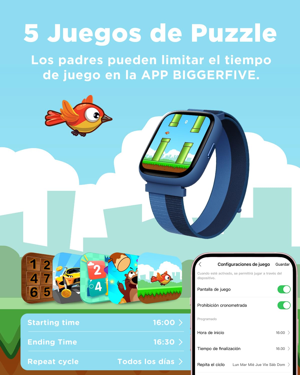 BIGGERFIVE Pulsera Actividad Niños Niñas 5-16, 1,8" Reloj Inteligente Podómetro, Frecuencia Cardíaca, Resistente al Agua IP68, Monitor de Sueño, Despertador, Juegos de Rompecabezas con/sin App, Nylon