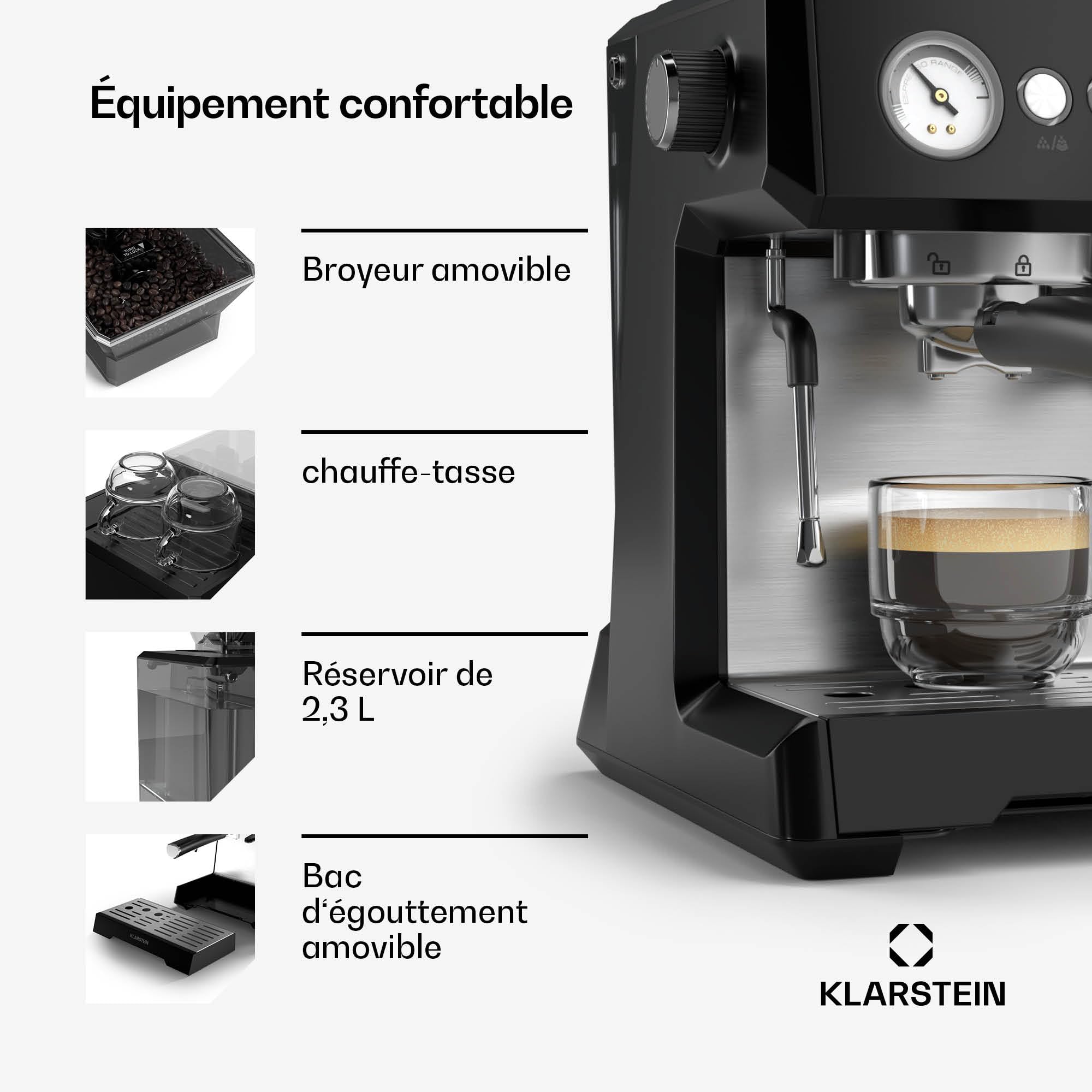 KLARSTEIN GrandPresso Machine à Café Grain – 20 Bars, 1350W, Moulin Intégré, Buse Vapeur, Réservoir 2.3L, Noir, Cafetière à Grain avec Broyeur, Design Compact, Facile à Nettoyer