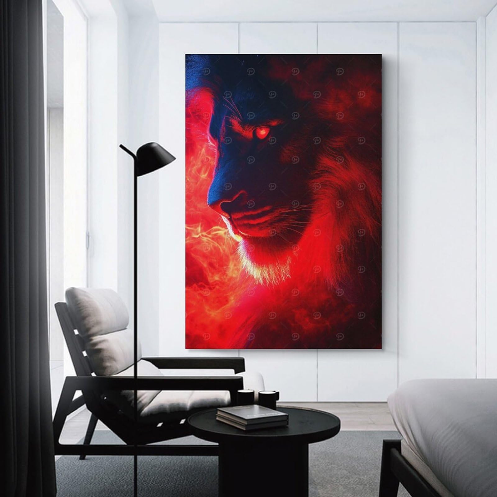 Junmoney Unframe-Style-19 Lion In Red And Blue Light Decorative Wall Artwork, 16X24inch(40X60cm), For Home Lounge, Bedroom Or Reading Nook, Easy Decor For Gallery Walls