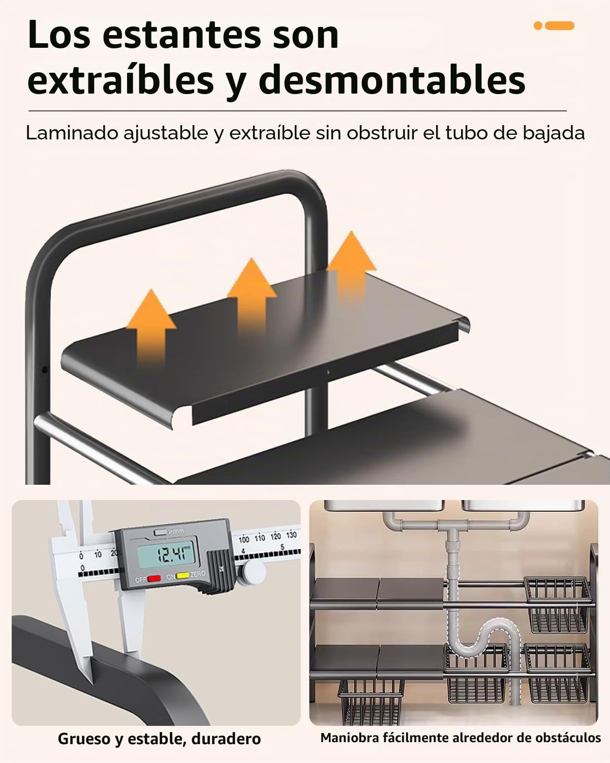 Estanterías Almacenaje para Cocina – Dimensiones Ajustables de 49 x 25 x (52,5~88) cm, Estante Extensible bajo Fregadero en Acero Inoxidable, Organizador Armario (8 Paneles)