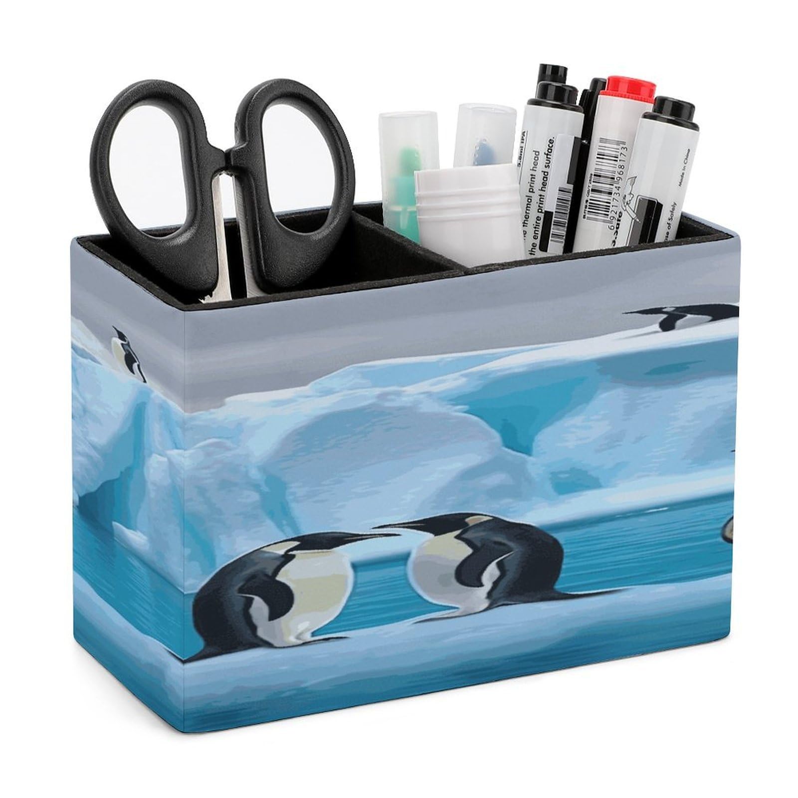 LDGSUPH Penguins On The Iceberg Leather Pen Holder for Desk Organizer Caddy Large Pencil Cup Multi-function Pencil Holder Makeup Brush Holders Pen Organizer for Home Office Storage Box