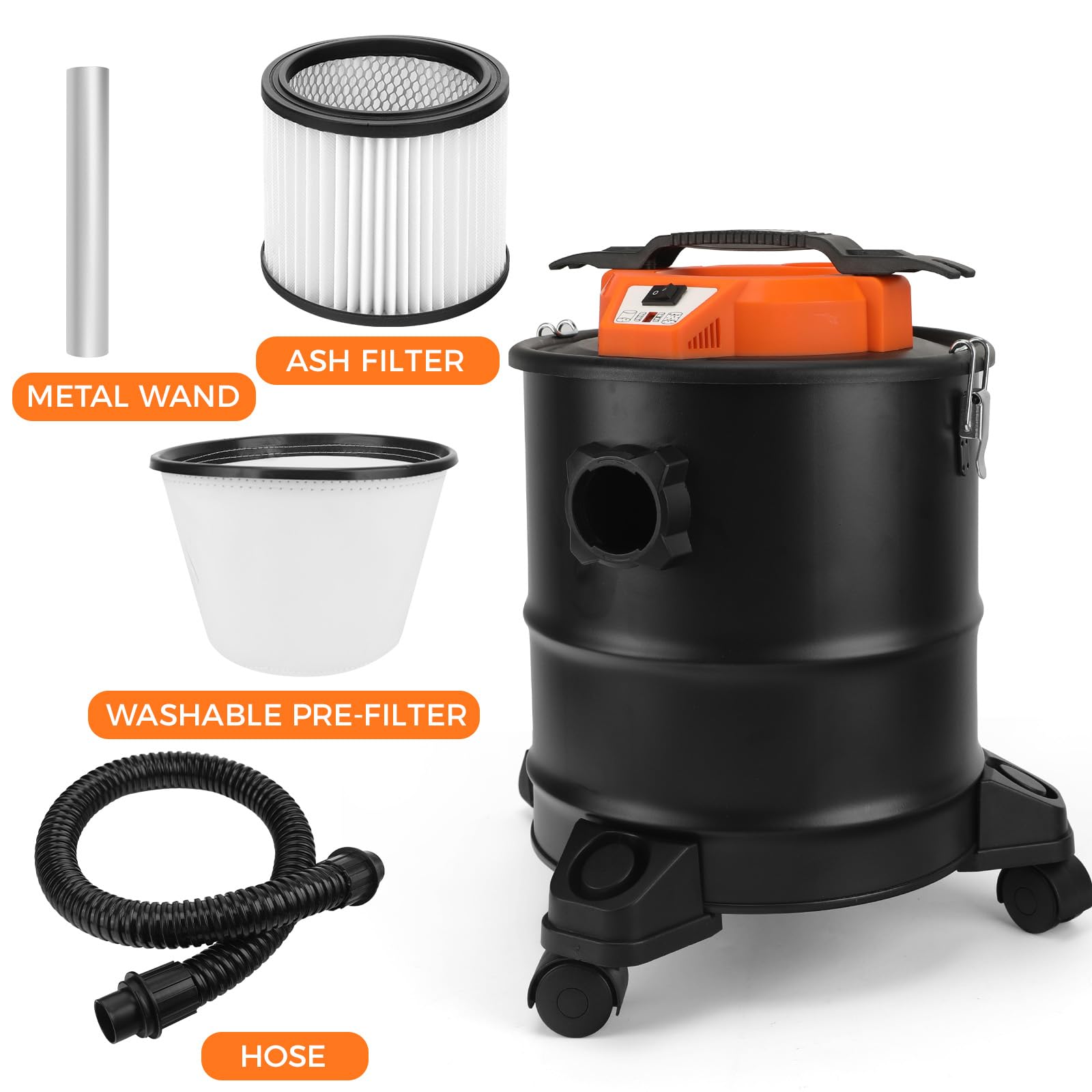 LIGO Aspiradora de cenizas, 3.3 galones 1000 W, doble filtración, con 3 ruedas giratorias, función de soplado, colector de polvo de ceniza para estufas de pellets y estufas de leña,