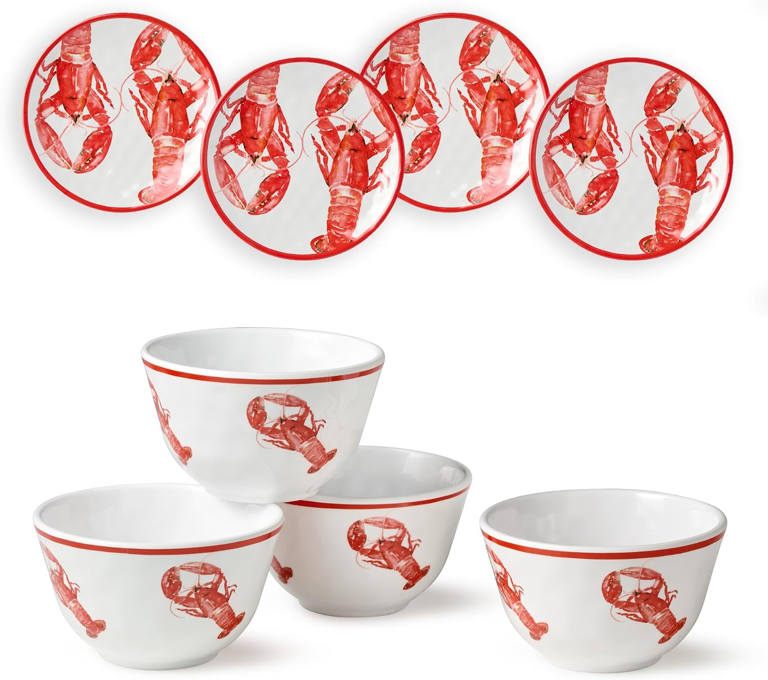 Beach House Lobster 8-Piece Melamine Canapé Plate & Dip Bowl Set – Coastal Nautical Design for Appetizers, Snacks, Dips & Desserts – Shatterproof, Chip-Resistant, Indoor/Outdoor Dining