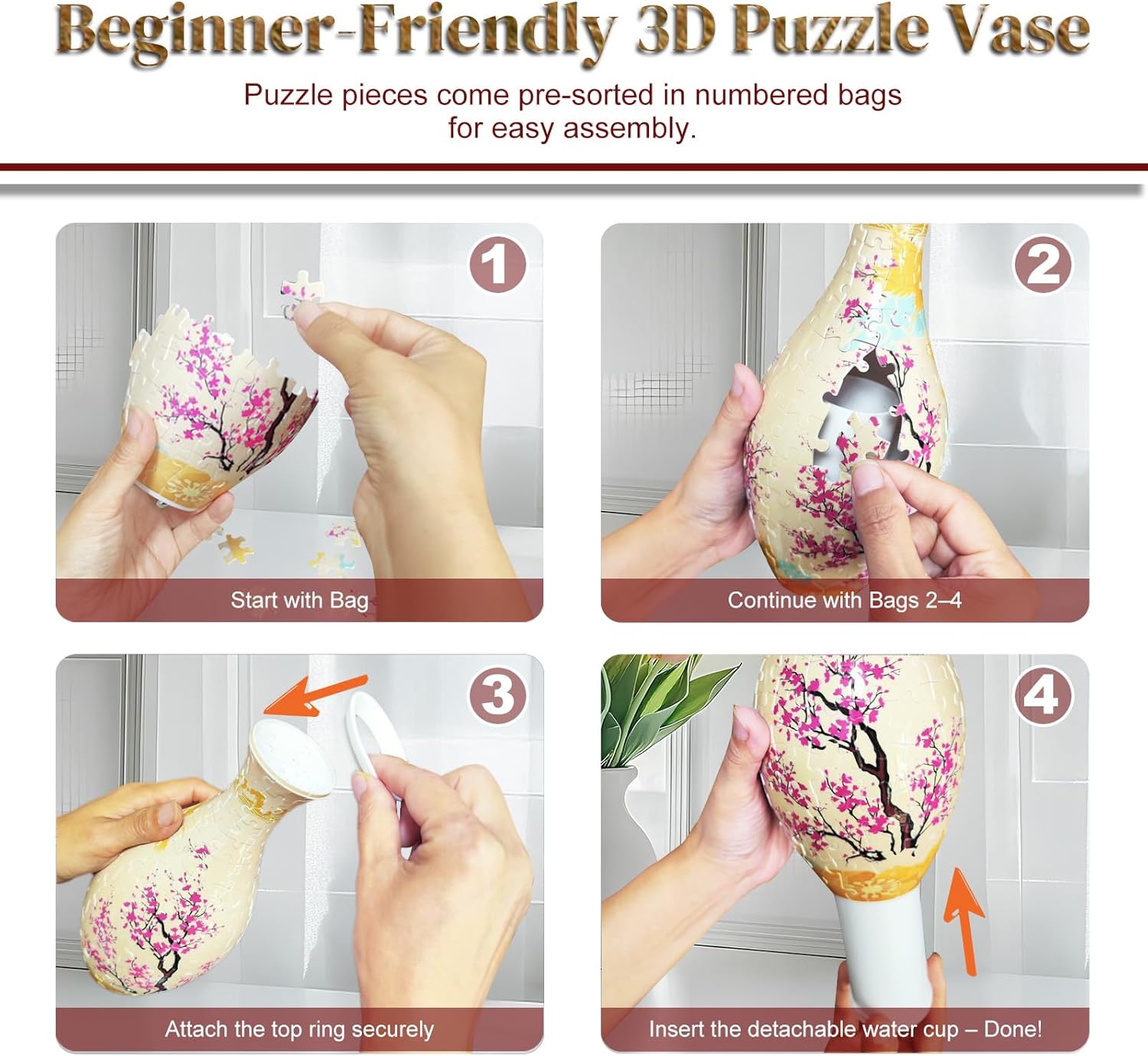 3D Puzzle Vase Unique Flower Vase，Made by 160 Curved Plastic Puzzle Pieces House Warming Gift for Flower Arrangements and Home Decoration