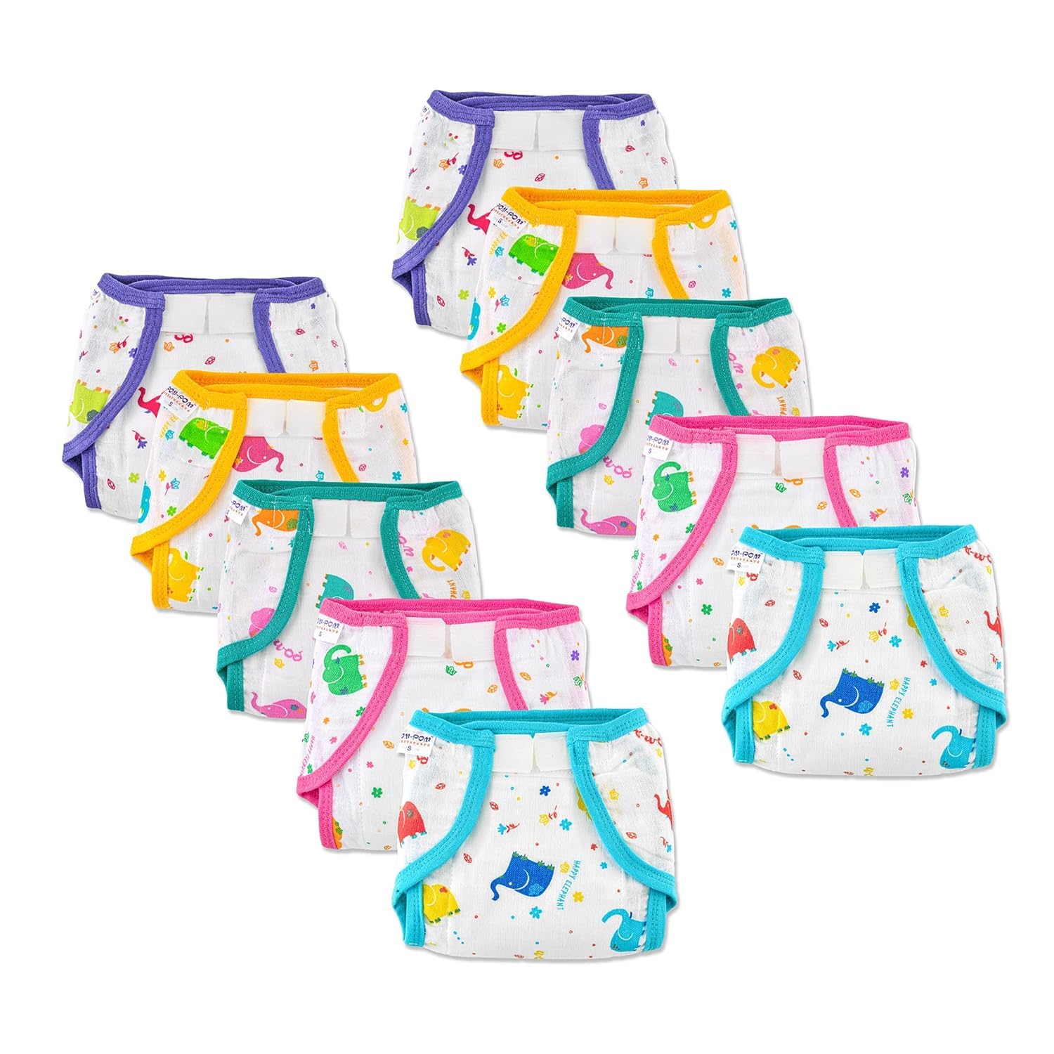 pom-pom SWEET HEARTS Pom Pom Sweethearts Washable Reusable Printed Velcro Self Fastener Cotton Muslin Nappy, Langot For New Born Baby - (Pack Of 10, Elephant Print 3-6 Months)-image-33