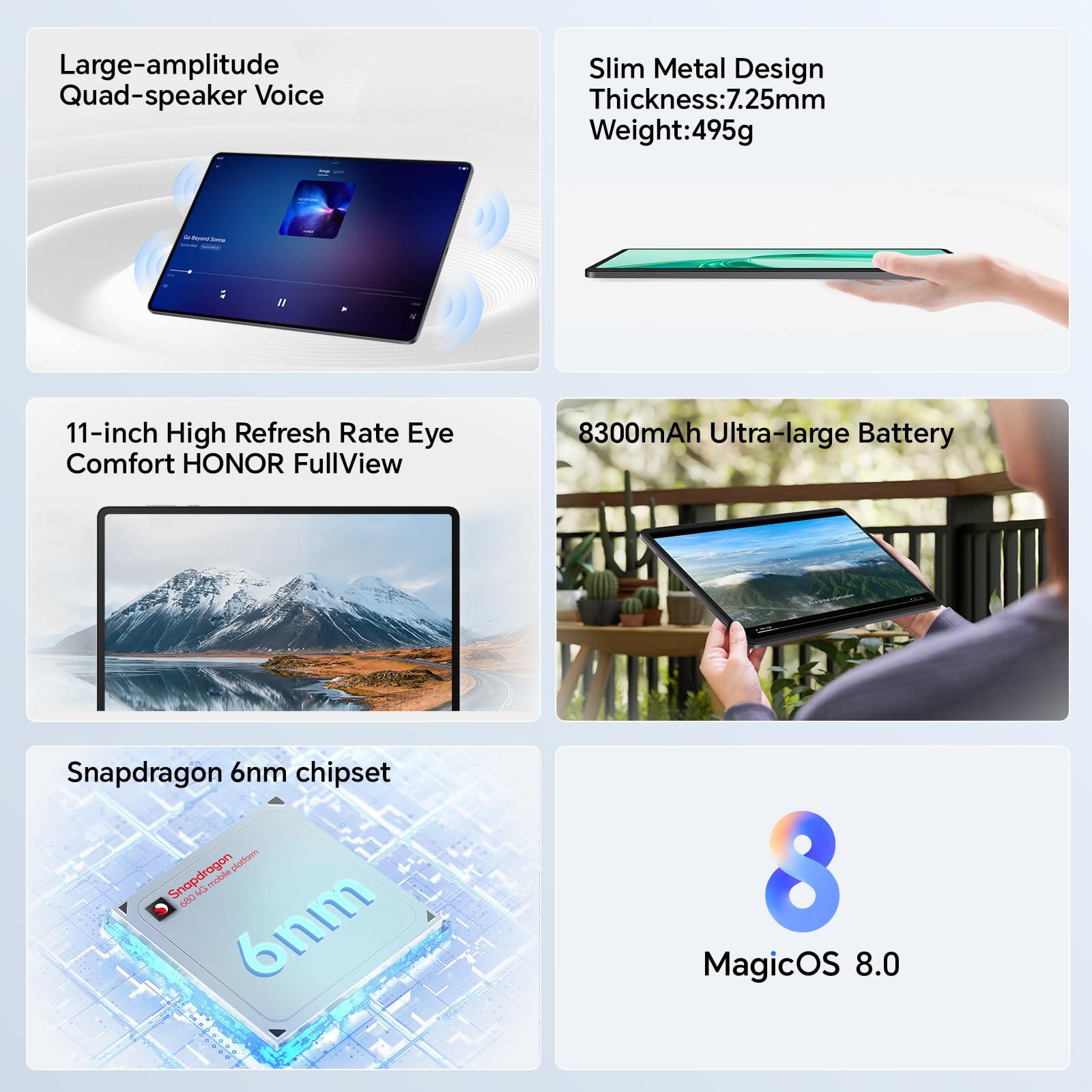 HONOR Pad X8a Tablette 11 Pouces | Écran FullView 90 Hz Anti-Fatigue, Batterie 8300 mAh, Corps métal Fin 7,25 mm, 4 Haut-parleurs | Snapdragon 680, MagicOS 8.0 | 4 Go+128 Go (Extensible 1 to), Gris
