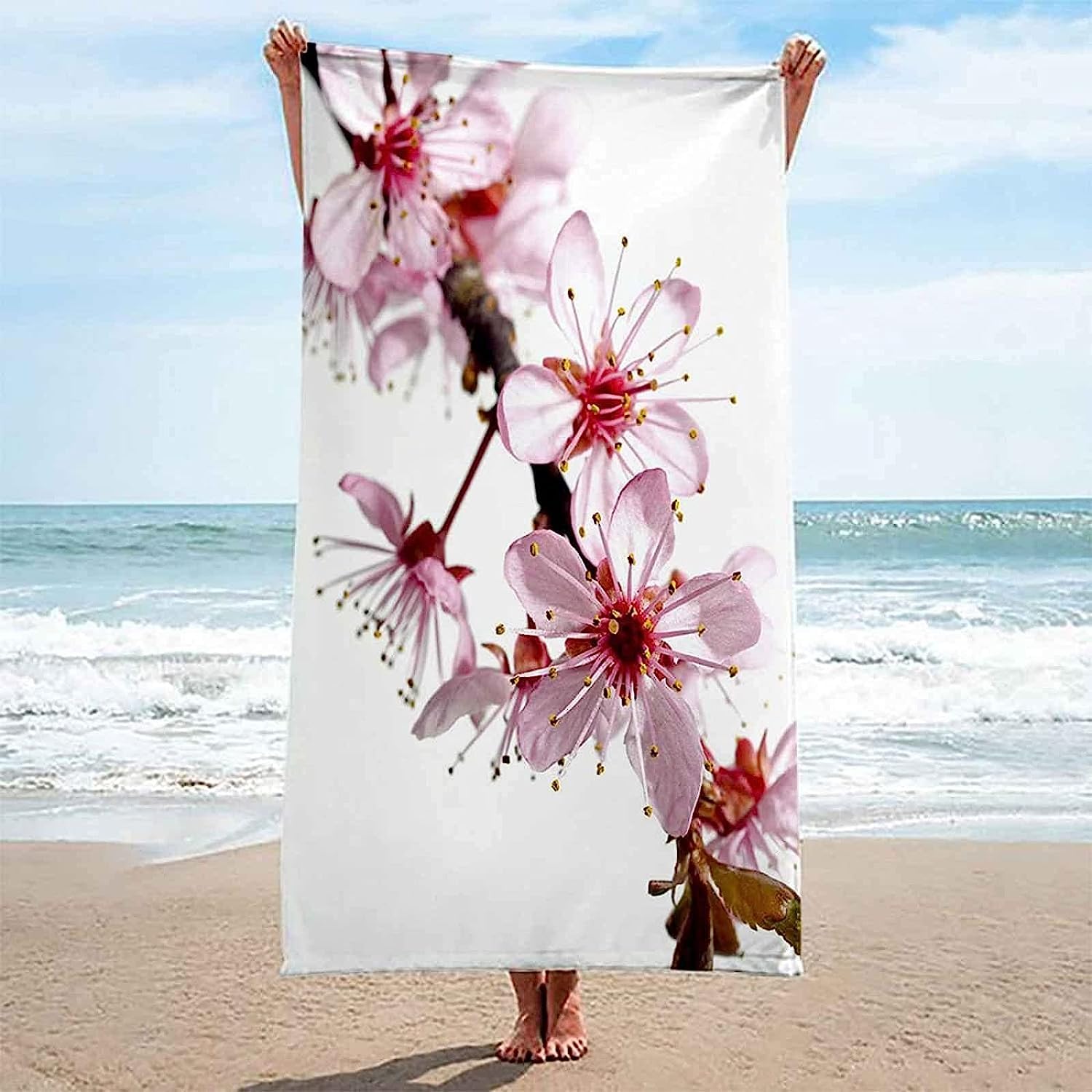 Telo Mare Floreale In Microfibra 81x132 Cm - Asciugatura Rapida - Rosa, Grigio E Bianco