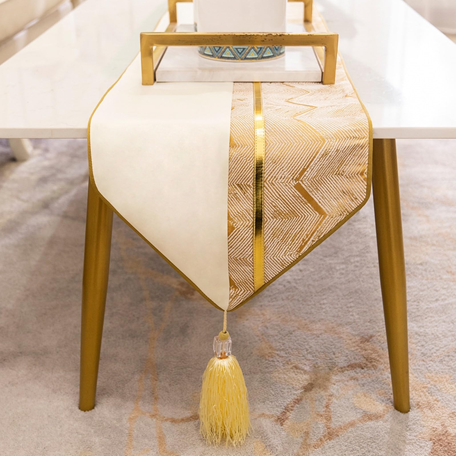 Chemin de Table pour Cuisine 33x160cm, Chemin de Table Champetre Motif Ondulé Uni avec Pompons