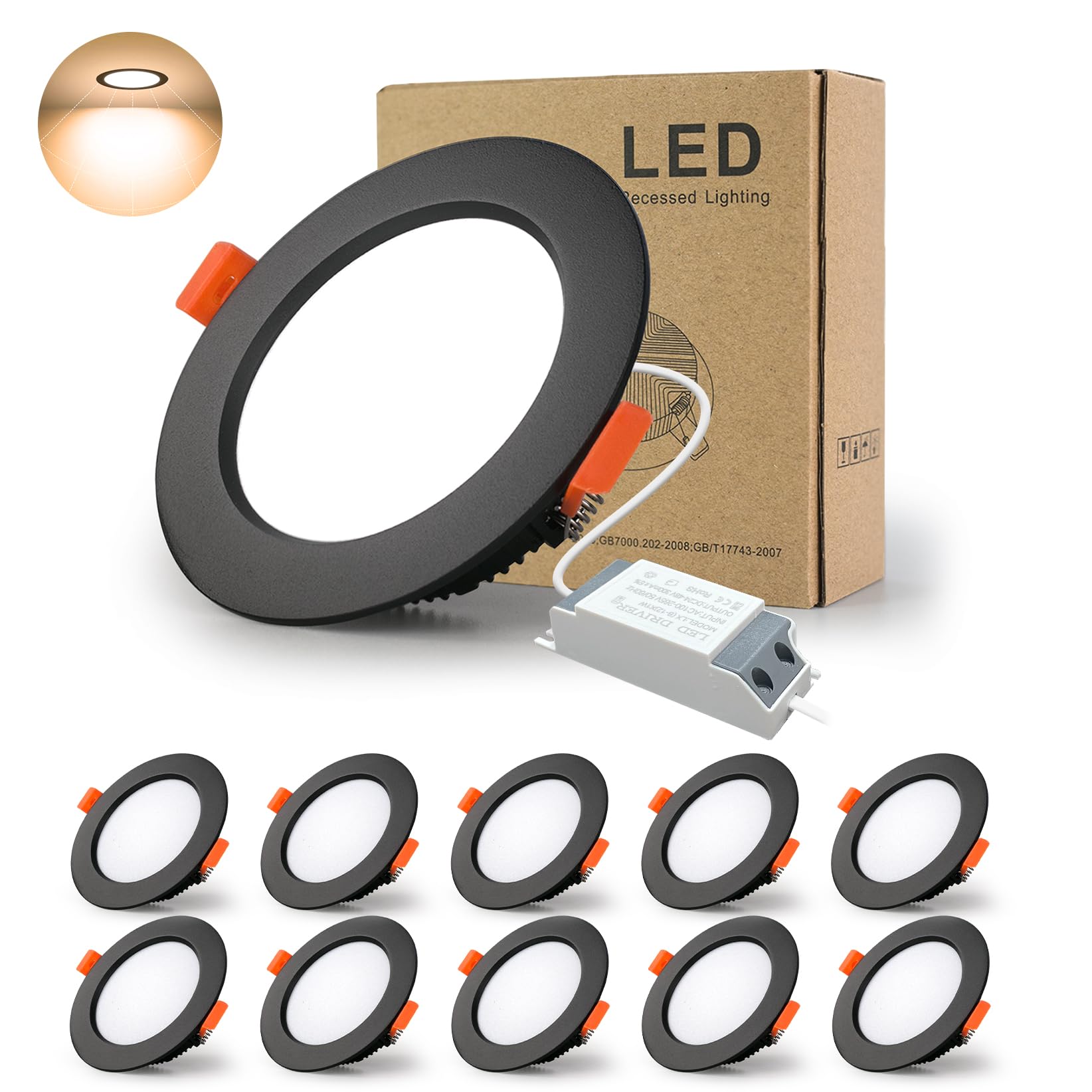 BAGZY LED Einbaustrahler 230V Schwarz Spots Flach 5W 230V IP44, 480 Lumen 10er Set Warmweiß 3000K Ausschnitt 70-80mm,CRI 80,Einbauleuchten Decken Spot,für Schlafzimmer Badezimmer Wohnzimmer
