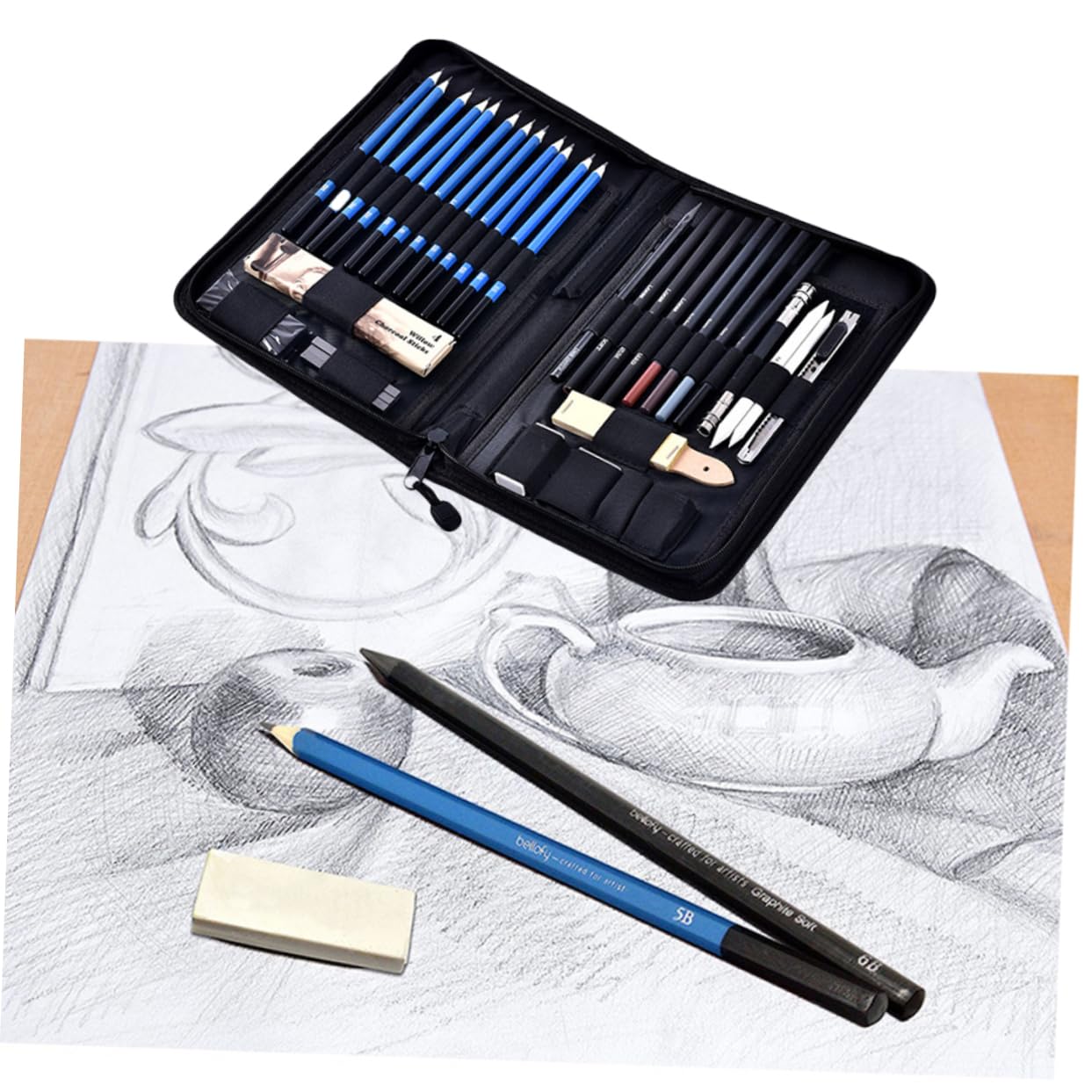 Operitacx 40-pièces Ensemble Crayons Dessin Bois Étui Zippé pour Croquis et Dessin Professionnels