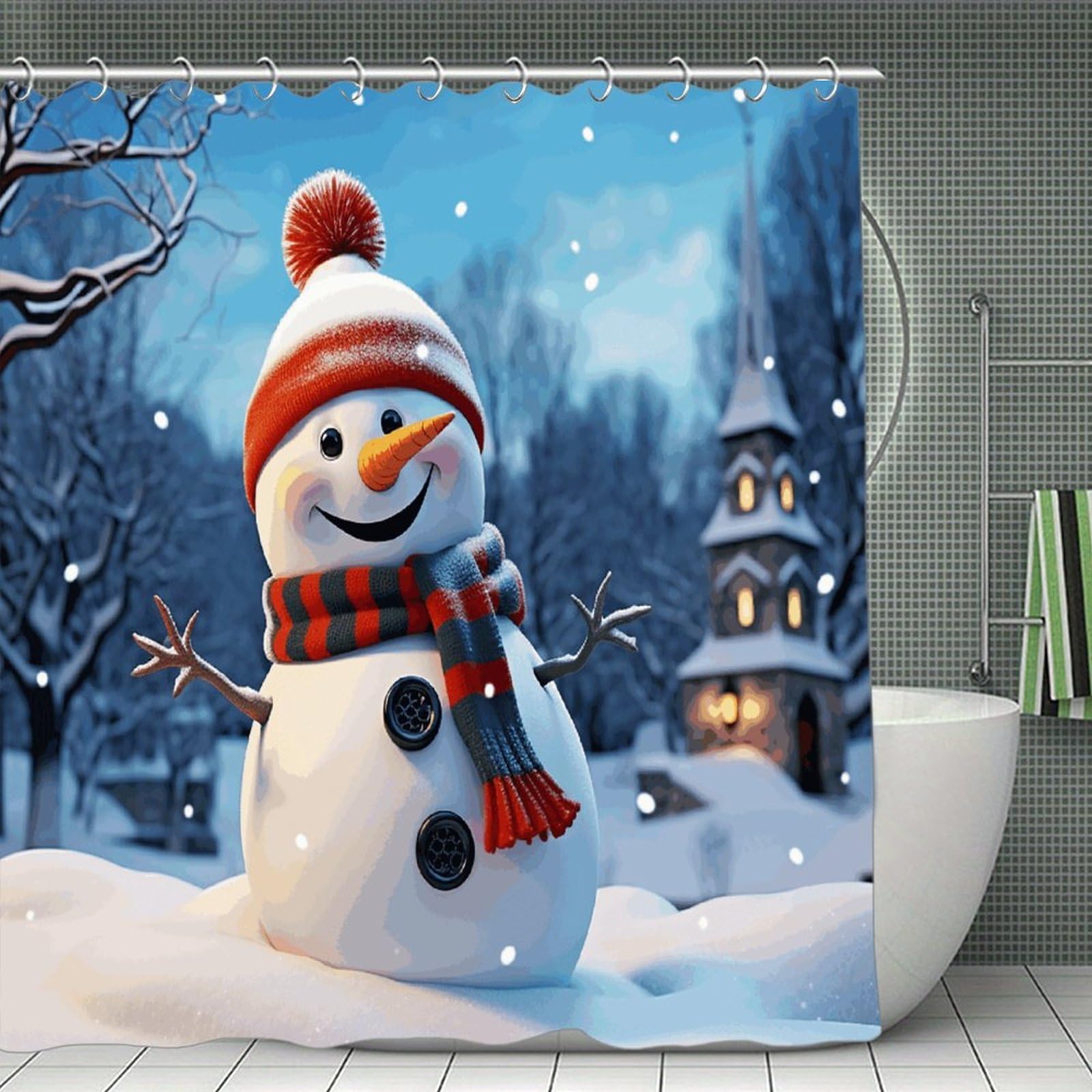VstaDank Happy Snowman Shower Curtain Waterproof Bathroom Curtain with Hooks Luxury Weighted Bath Curtains for Bathtubs Showers Room Dividers Decorative Shower Curtains 71x71 in