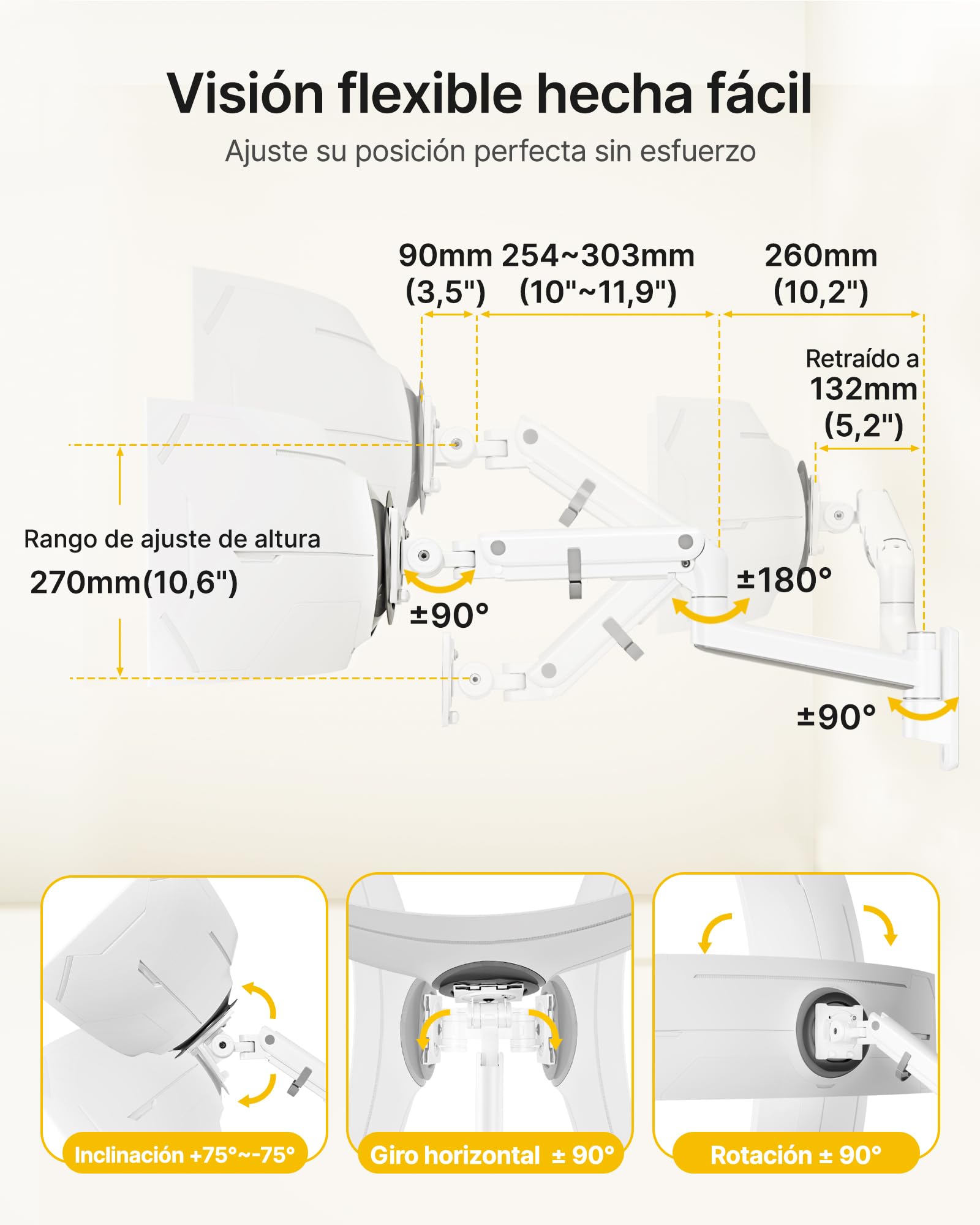 monTEK Soporte de Pared para Monitor de 17-57", hasta 27 kg | Brazo para monitor con resorte de gas, altura regulable y movimiento completo, compatible con VESA 75x75/100x100, blanco.