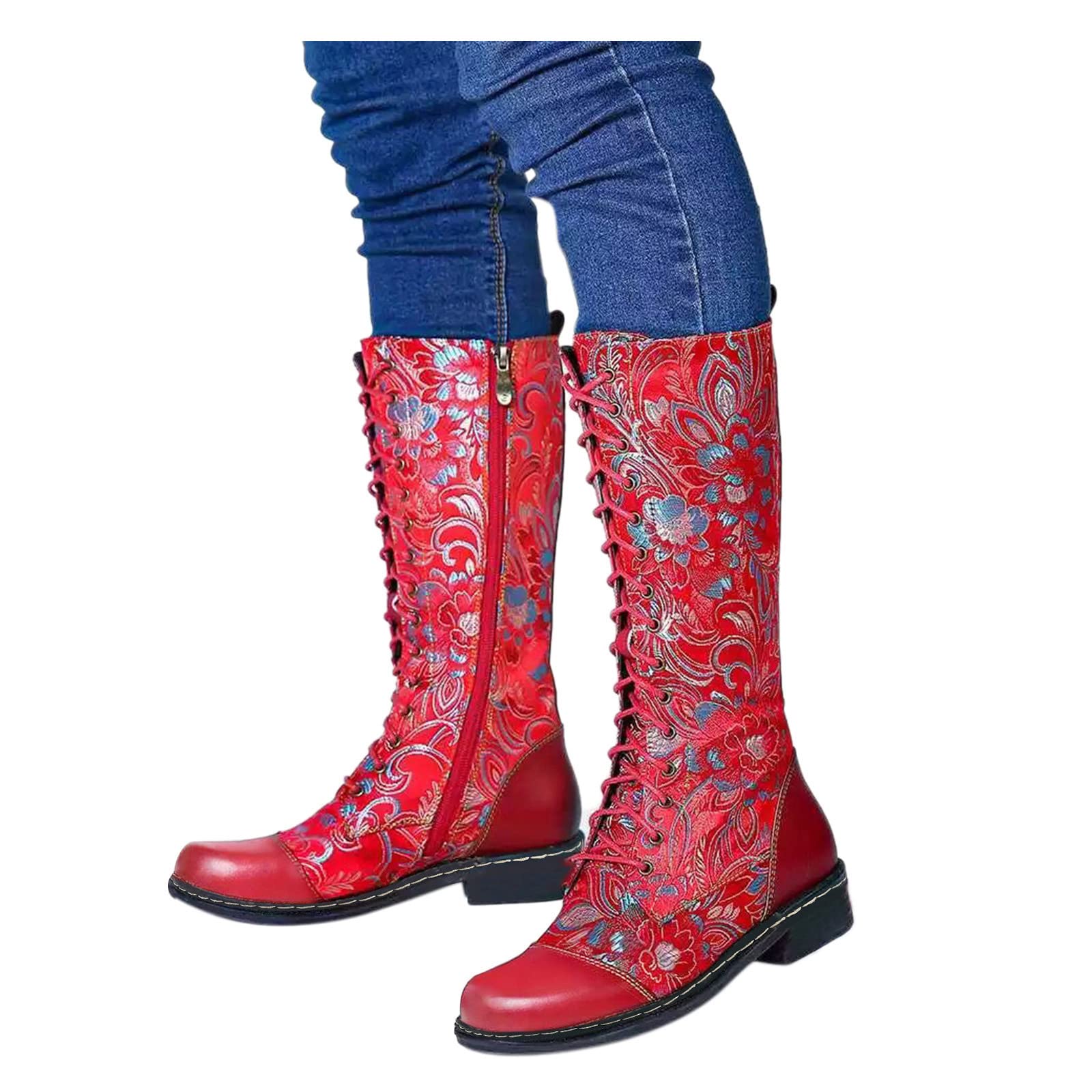 Stiefel für Damen, britische viktorianische Stiefel, klobige Schnürstiefeletten, Bunte Damen-Bikerstiefel, modische, ethnisch bestickte mittelhohe Stiefel, lässige Partyschuhe, Stiefeletten für Damen