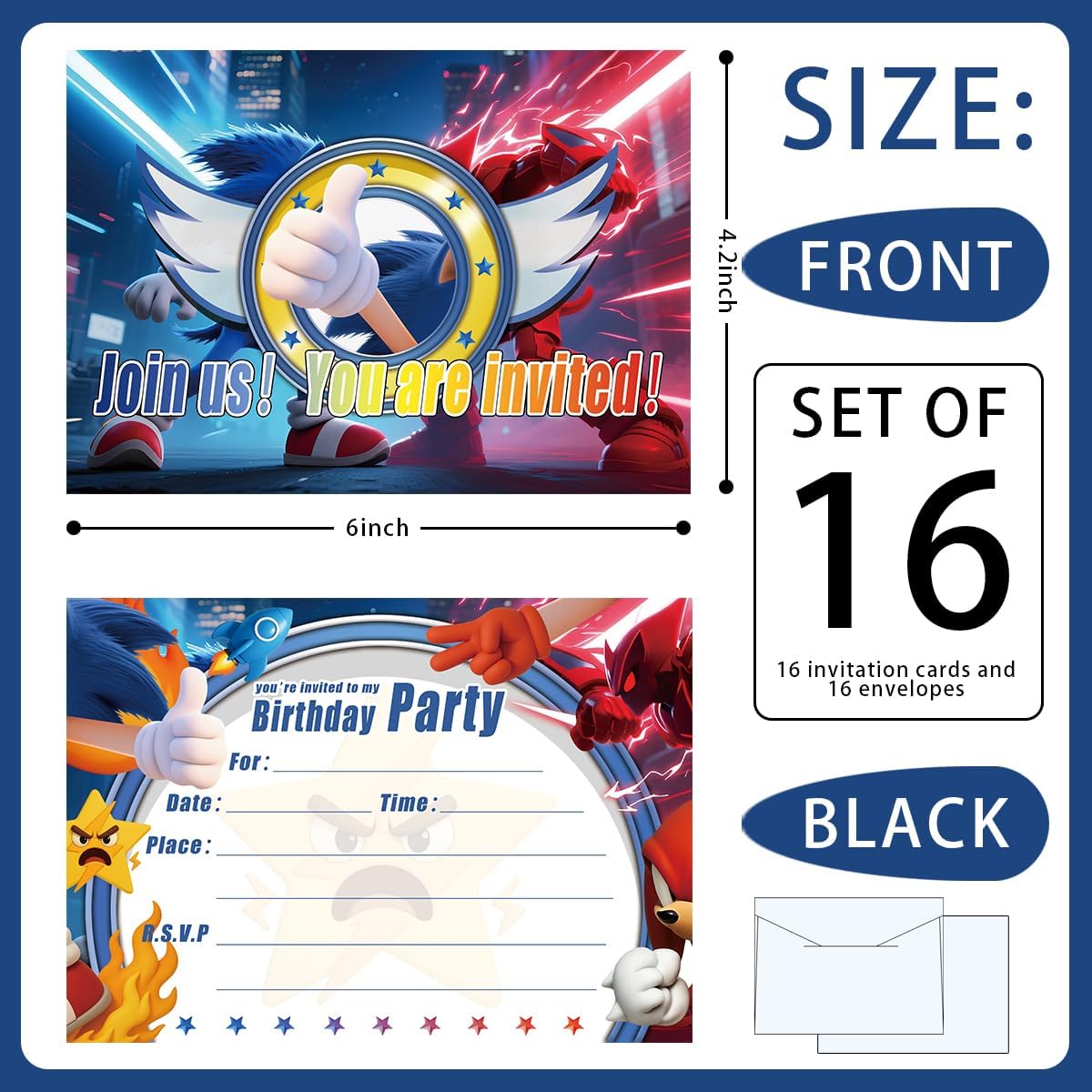 16 Pack Blue Hedgehog Video Game Theme Birthday Party Invitations with Envelopes, Fill-In Invite Cards for Kids, Action Cartoon Gamer Design, 6 x 4.2 Inch