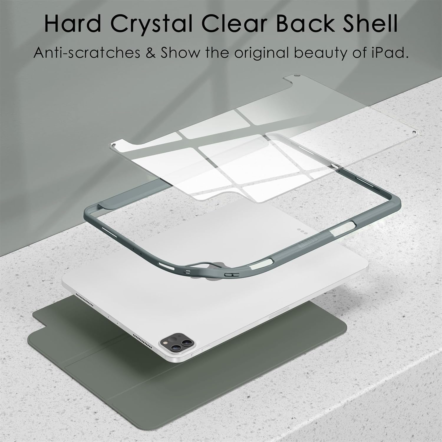 Soke Case for iPad Pro 12.9 Inch (6th/5th/4th/3rd Generation, 2022/2021/2020/2018) - Pencil Holder + Auto Sleep/Wake + Camera Protection, Transparent Shockproof Back Cover, Gray