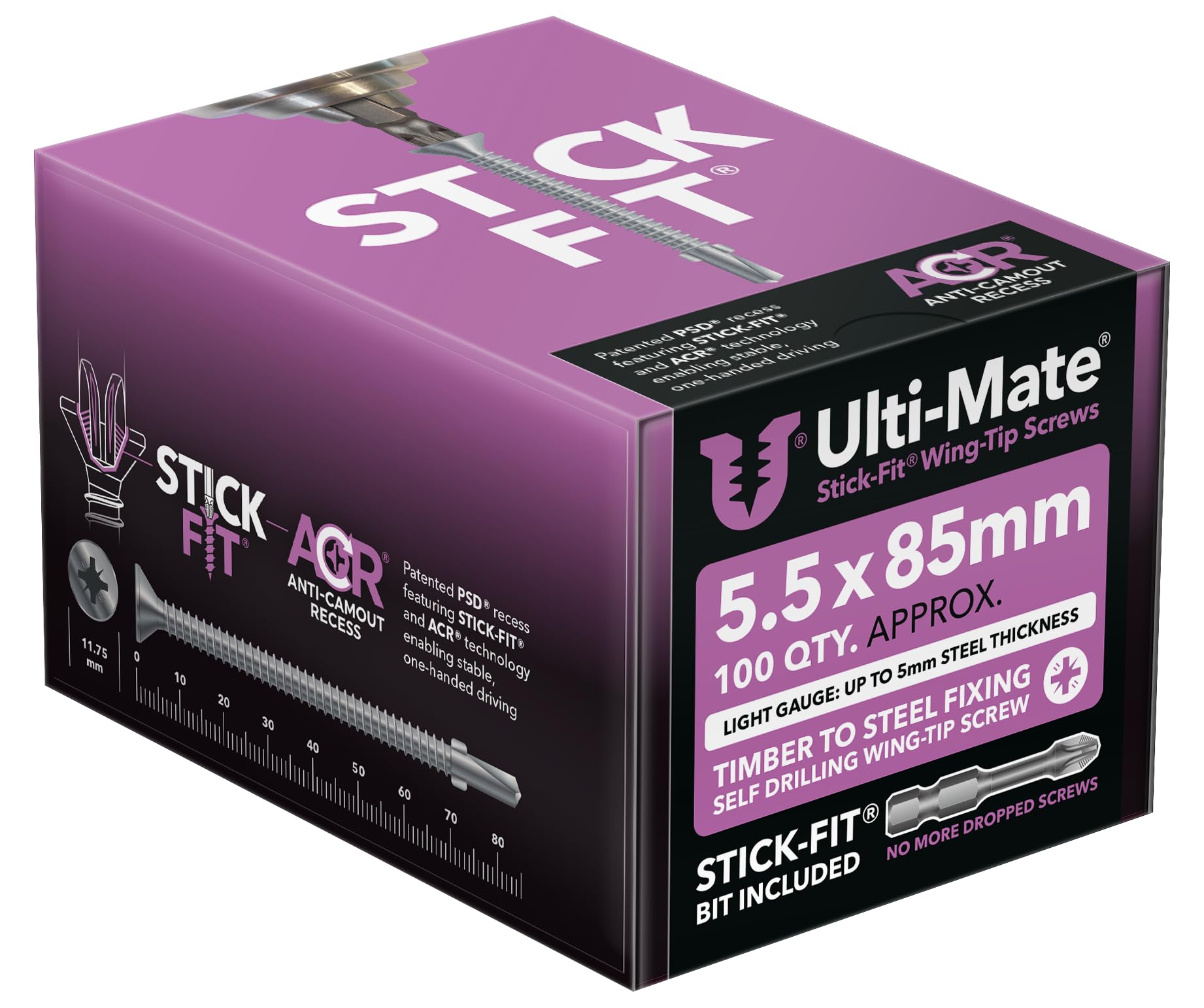 Ulti-Mate Wing Tip Screws - 5.5 x 85mm (Box 100 pcs) (Light Gauge - for fixing timber to Steel up to 5mm in thickness)