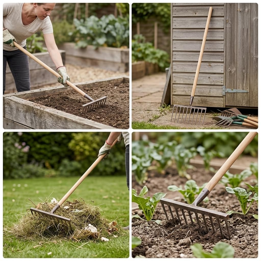Rastrello da Giardino per Terreno, Testa a denti piatti, Rastrello da giardino, Preparazione aiuole, Per appassionati , Manico in legno da 1,2 metri