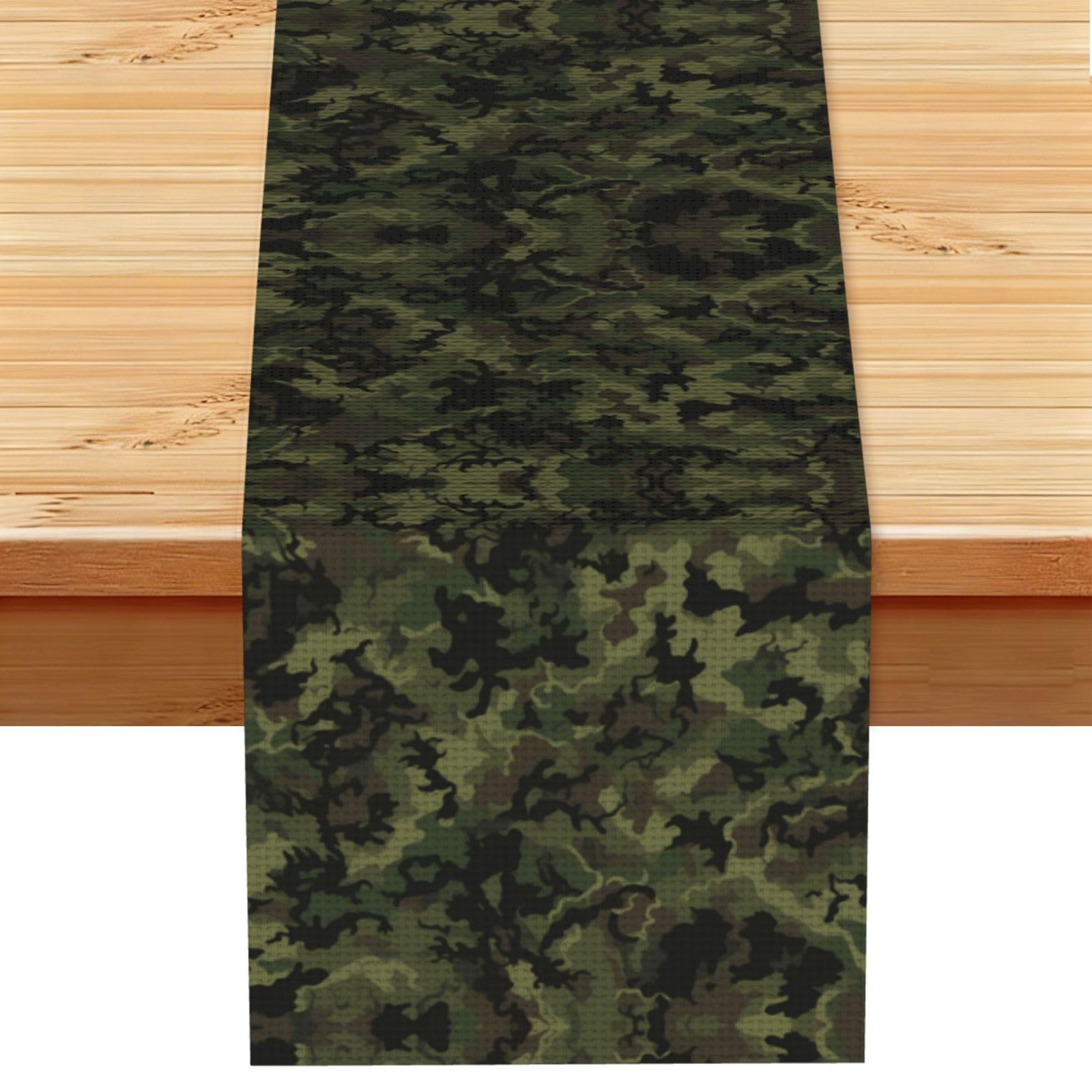 Rugged Green Tan Camo Printed Table Runner 13 x 72, Wrinkle Resistant Decor for Dining Table Coffee Table Fireplace